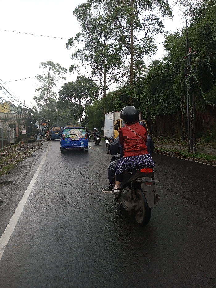 The image displays a traffic scene on a wet asphalt road in the city of YonPhoogla, Bhutan, under an overcast sky. In the immediate foreground, a person is seen from the rear, riding as a passenger on a dark-colored scooter. The passenger wears a black helmet, a red long-sleeved jacket, and dark blue and white plaid pants, with white sneakers visible on their feet. The road surface is dark and reflective from wetness, featuring a continuous white line along its left edge.
Ahead of the scooter, a blue hatchback automobile, adorned with various decals on its rear window, proceeds in the same direction. Further along the road, a light-colored box truck and several other motorcycles are visible in the flow of traffic. The left side of the road features several low-rise structures, some appearing weathered, with a network of overhead utility wires. The right side of the road is demarcated by a dense embankment of green foliage, comprising tall trees and various vines, alongside a dark utility pole.