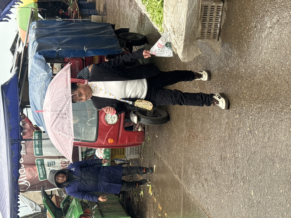 This image depicts a bustling outdoor market scene in Jiangjin, China, during a rain shower. The wet, dark paved ground reflects light, and rain is visible. In the foreground, a woman walks from right to left, holding a clear pink umbrella in her right hand, which displays Chinese characters and the phone number 023-37708777. She is dressed in a black blazer, a white turtleneck shirt, black pants, and white platform sneakers with brown laces. A small, yellow patterned shoulder bag is slung across her body, and she carries a clear plastic shopping bag containing green items in her left hand.
Behind her, a red three-wheeled motorized vehicle with a single front wheel is parked or slowly moving. A person is visible inside its cab. To the left and slightly behind the red vehicle, a man walks from left to right. He wears a blue hooded raincoat, dark pants, and dark shoes. He appears to have short dark hair and stubble.
Various market stalls are visible throughout the background. On the far left, a green market stall contains produce. On the right, a market display features piles of green vegetables, possibly bell peppers or long beans, on a concrete surface above white plastic crates. Overhead, a blue awning stretches across the left side of the frame, and a large banner with Chinese text, including "Miaoa," is partially visible in the background. Scattered green leaf debris is present on the wet ground near the left market stall. Further in the background, other market structures and a vehicle covered by a blue tarp are discernible.