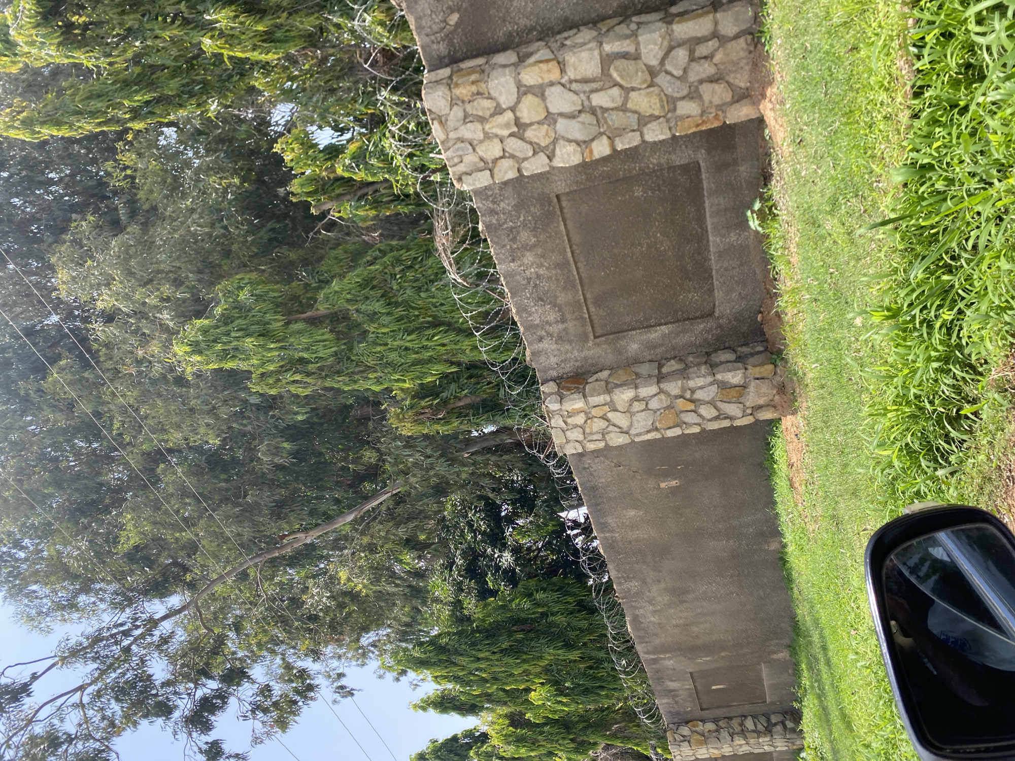 A daytime, eye-level, outdoor shot captures a stone and concrete wall topped with barbed wire, likely a property boundary in Gura Top, Nigeria. The wall is punctuated by decorative stone pillars. Behind the wall, lush green foliage and tall trees create a dense, natural backdrop. A car's side mirror is visible in the foreground, reflecting a person and the interior of the vehicle, indicating the photo was taken from a moving car. The ground in front of the wall is covered in grass and dirt.