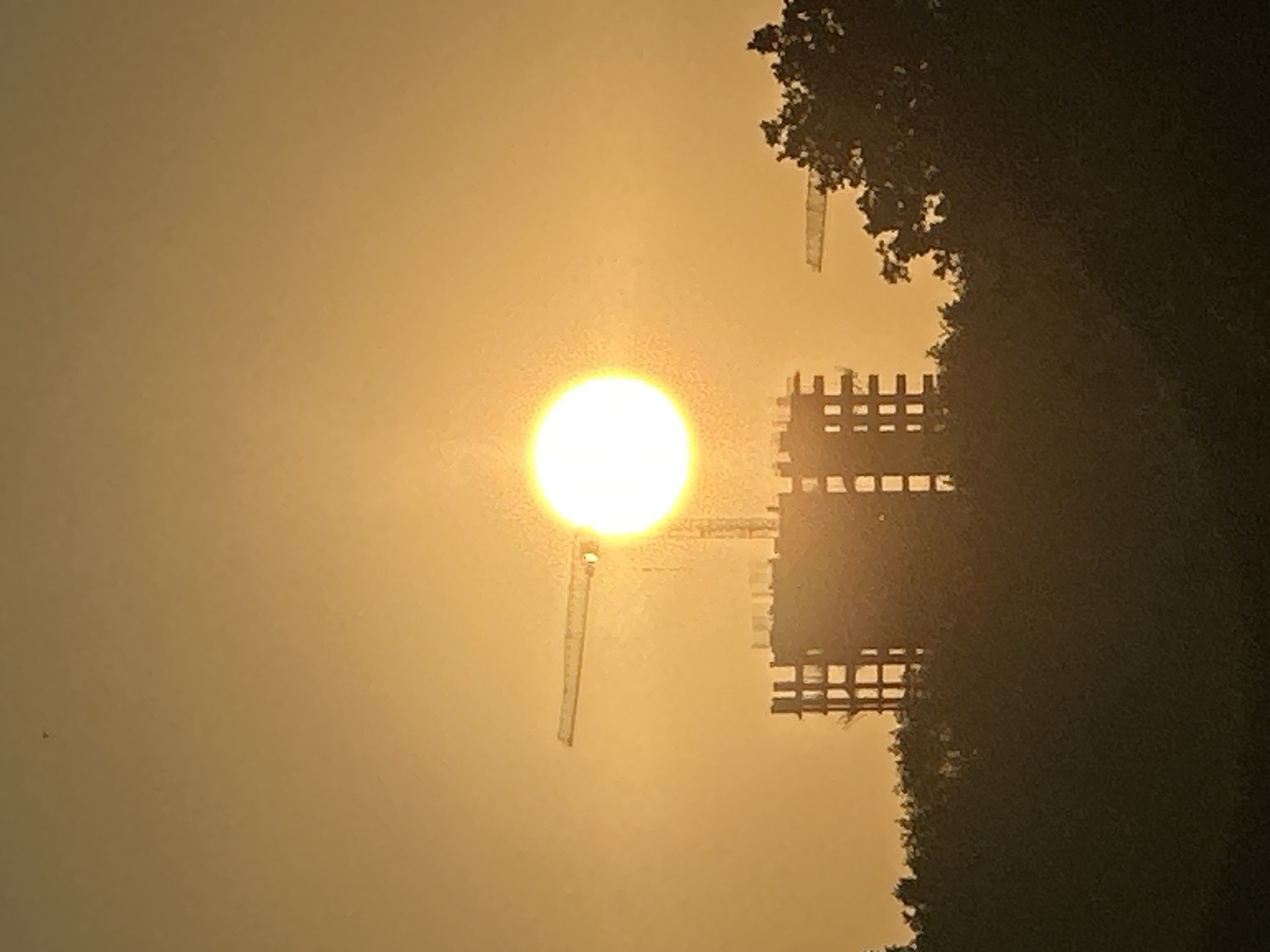The image depicts a sunset over a construction site in Nizhny Novgorod, Russia. The sun, a bright, glowing orb, is centrally positioned in the sky, casting a warm, golden light over the scene. In the foreground, silhouetted against the bright sky, are trees and the dark shapes of buildings under construction. A construction crane is visible extending horizontally across the frame, its yellow arm contrasting with the orange sky. The buildings appear to be in various stages of completion, with visible structural elements and open spaces where windows or walls would be. The overall atmosphere is one of urban development under the dramatic light of sunset.