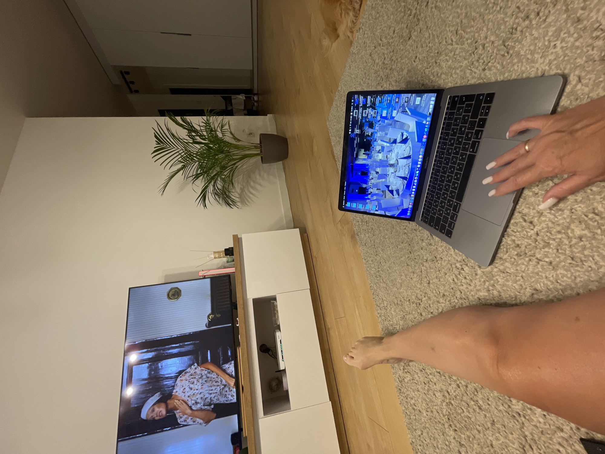 A person's leg and hand are in the foreground, resting on a beige carpet. The hand is reaching out towards a laptop which is open and displaying a virtual event setup of a formal dining arrangement with white chairs and blue accents. Behind the laptop, a large television screen is visible, showing a woman in a floral dress and headscarf. The television is placed on a white and wooden media console. A potted palm plant stands to the right of the television. The environment appears to be a living room with light wooden flooring and a white wall. The scene is set indoors in an apartment.