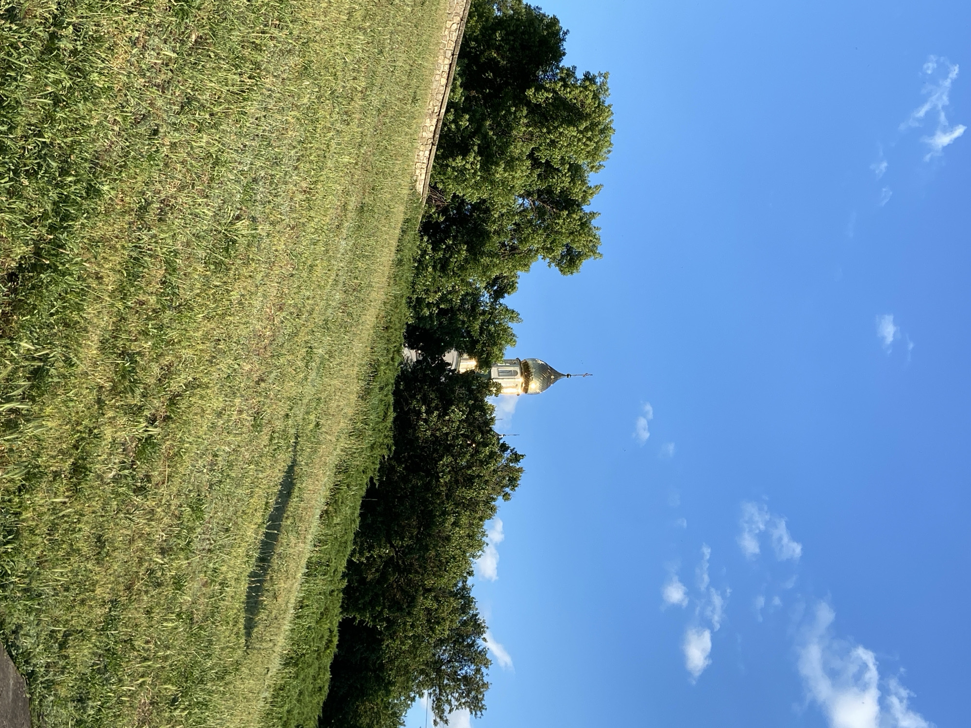 A bright blue sky with sparse white clouds is visible above a verdant landscape. A gently sloping grassy hill dominates the foreground, its surface a mosaic of green and yellow hues. Behind the hill, a stone wall runs horizontally, partially obscured by lush green trees. Peeking above the trees, a golden-domed church tower, topped with a cross, is visible. The overall scene depicts a serene day in a park-like setting, likely in a city with a prominent religious structure.