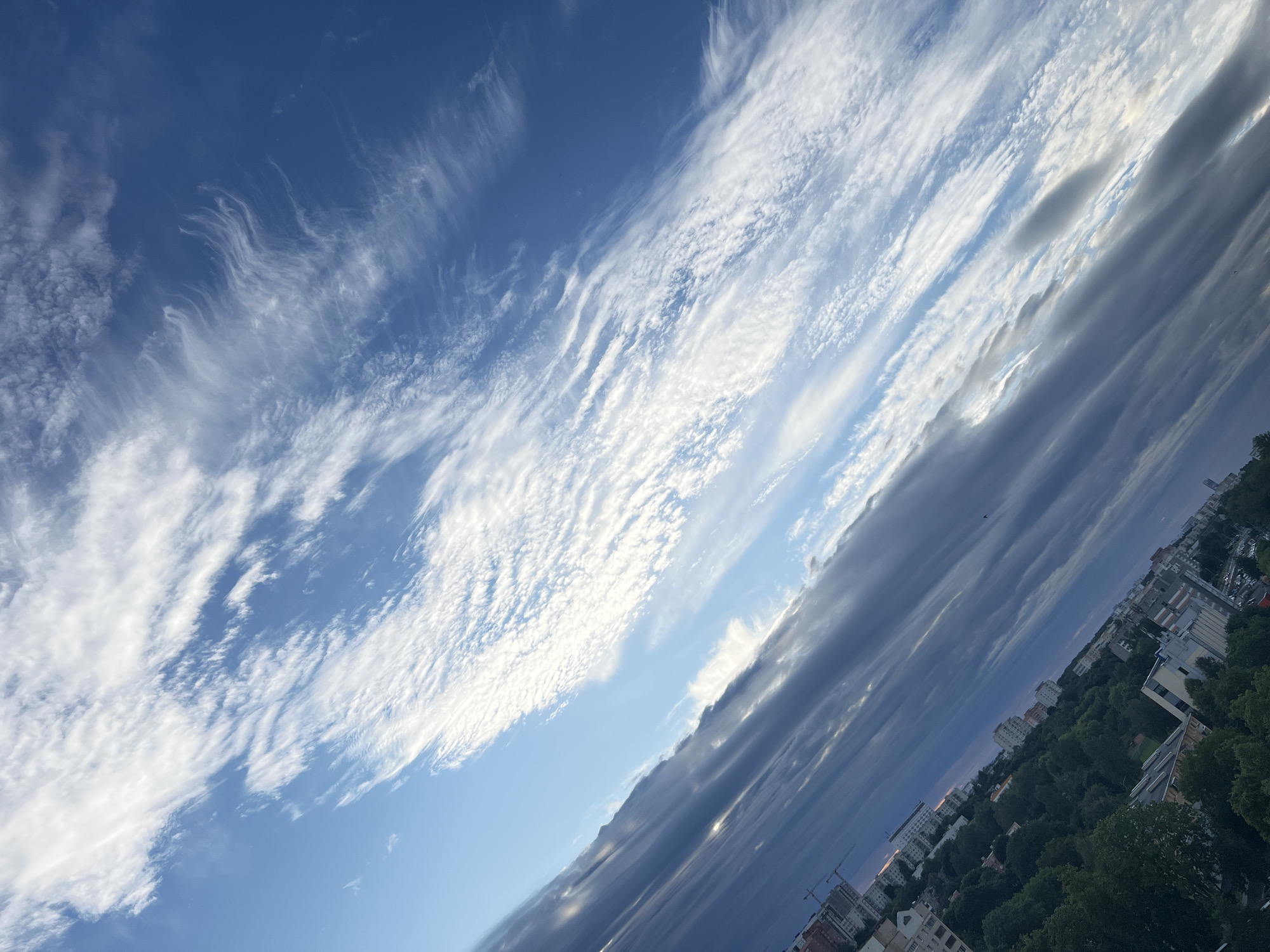 This is a landscape photograph of a sky filled with dramatic clouds over a city. The image is oriented diagonally, giving a sense of depth and movement. The sky is a brilliant blue, with streaks of white cirrus clouds stretching across the upper left portion of the frame, appearing wispy and feathery. As the clouds move towards the right and lower part of the image, they become denser and darker, forming long, layered formations that cast shadows. These darker clouds suggest an approaching weather system or the late afternoon light.
Below the sky, the upper edges of buildings and lush green trees of a city are visible. The buildings are a mix of modern and older architecture, with varying heights and colors, including white, beige, and gray structures. Some construction cranes are also visible in the distance, indicating ongoing development. The trees are dense and form a thick canopy over parts of the city, suggesting a park or well-treed neighborhood.
The time of day appears to be late afternoon or early evening, given the angle of the sunlight and the dramatic shadows cast by the clouds. The overall mood of the image is one of natural grandeur and urban life coexisting under a dynamic sky. There is no visible text in the image. The location context is Minsk, Belarus.