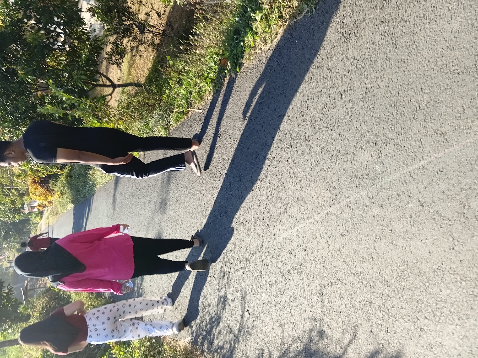 In Tanggul Wetan, Indonesia, three individuals are captured from behind, walking on an asphalt road under daylight. The person on the far left wears a dark red t-shirt and white pants with a repeating pattern. To their right, a person in a vibrant pink long-sleeved shirt and black pants holds a clear plastic water bottle in their right hand. The third individual, on the right, is dressed in a black t-shirt and black pants with a white stripe down the side of each leg, and they are also walking. A person in a red shirt is visible further down the road in the background. The environment consists of a narrow road flanked by green foliage and trees, with shadows cast across the asphalt, indicating a sunny day.