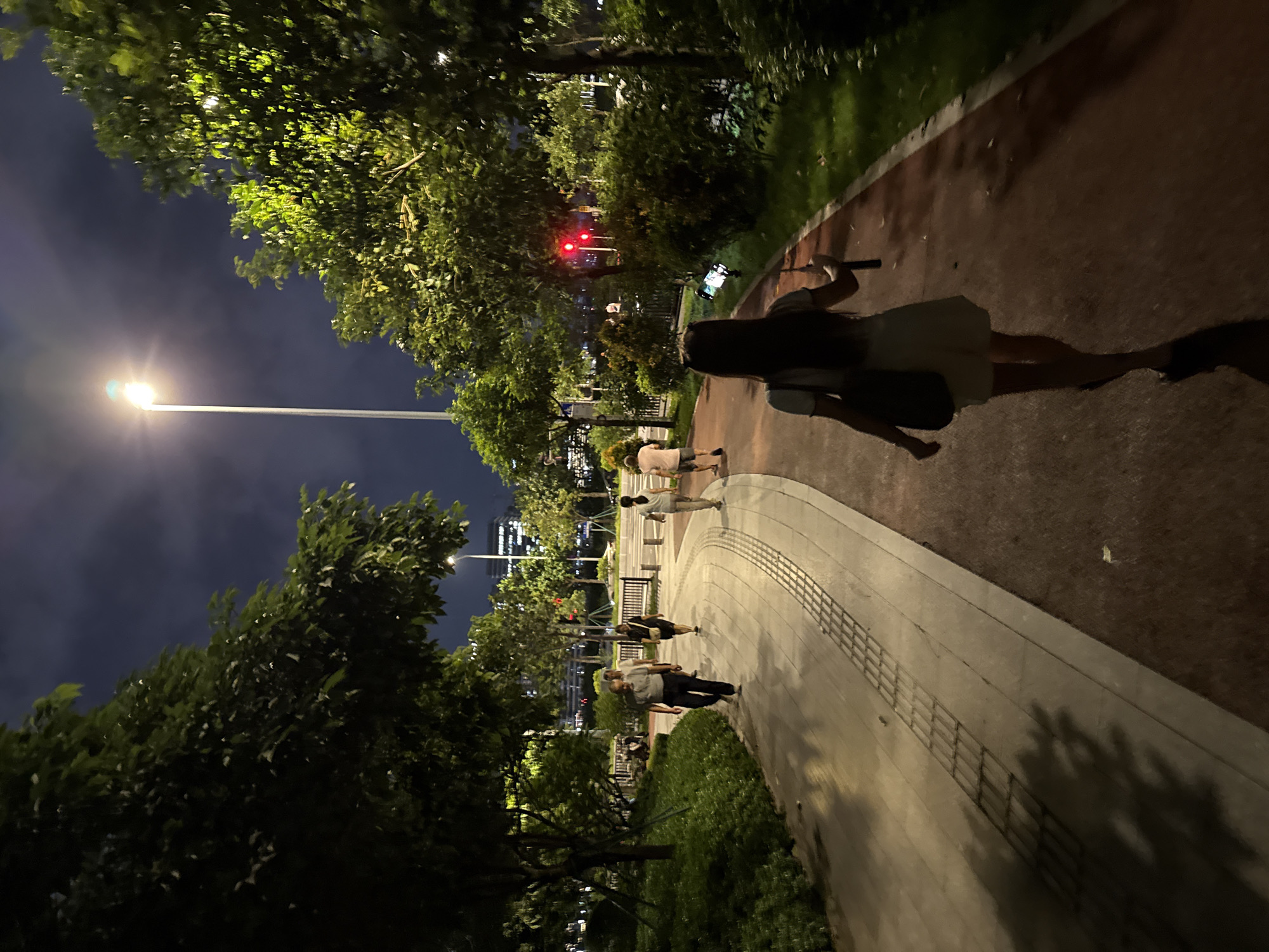 The image depicts a nighttime scene in a park in Haizhu District, China. A young woman with long dark hair is walking away from the camera on a red paved path, holding a selfie stick with a phone attached. She is wearing a light-colored dress and carrying a dark bag over her shoulder. To her left, a paved walkway with tactile paving runs alongside a grassy area and trees. Several other individuals are walking on the walkway in the distance, including an older man in a light-colored shirt and dark pants, and a woman in a dark dress. The park is illuminated by a tall streetlamp and the lights from distant city buildings. The sky is dark with some cloud cover, and trees with lush green foliage are visible on both sides of the paths. A set of traffic lights with a red signal is visible in the background.