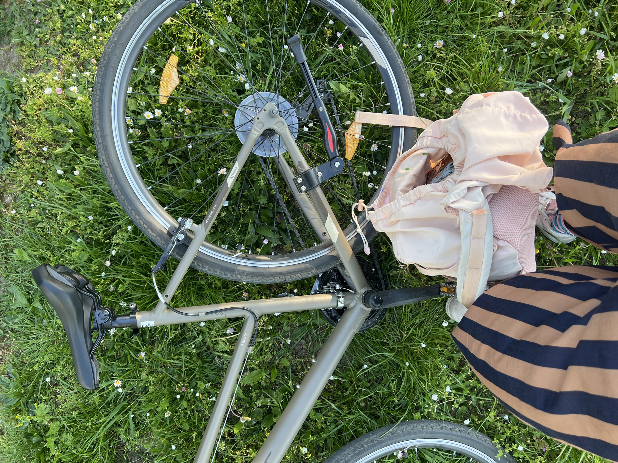 The image presents an overhead view of a bicycle lying on its side in a verdant grassy field, alongside the partially visible legs of a person. The setting is a lush green ground densely populated with small white and a few pink wildflowers, suggesting a meadow or unmanicured park area, consistent with an outdoor location in Cukarica Urban Municipality, Serbia.
The bicycle, appearing to be a hybrid or city model, features a light grey or khaki frame. It has black tires with silver rims, a black seat, and pedals. A black kickstand is visible, along with a yellow rear reflector and a clear plastic spoke protector on the rear wheel. Text visible on the tire reads "700x40C" and "42-622". Additional text "POLARBIKE.COM" and "Athena" can be seen on the bike's frame and rear wheel area.
A light pink or peach-colored backpack or soft bag rests near the rear wheel of the bike. To the right, the lower legs and feet of a person are visible. The person is wearing wide-striped trousers in a pattern of dark brown/black and light brown/khaki, paired with athletic shoes that have white, light blue, and pink details.
The bright, natural illumination suggests it is daytime, likely a sunny and pleasant day. The bicycle is casually laid on the grass, implying a break from a ride or a moment of rest. The overall scene evokes a peaceful and relaxed atmosphere.