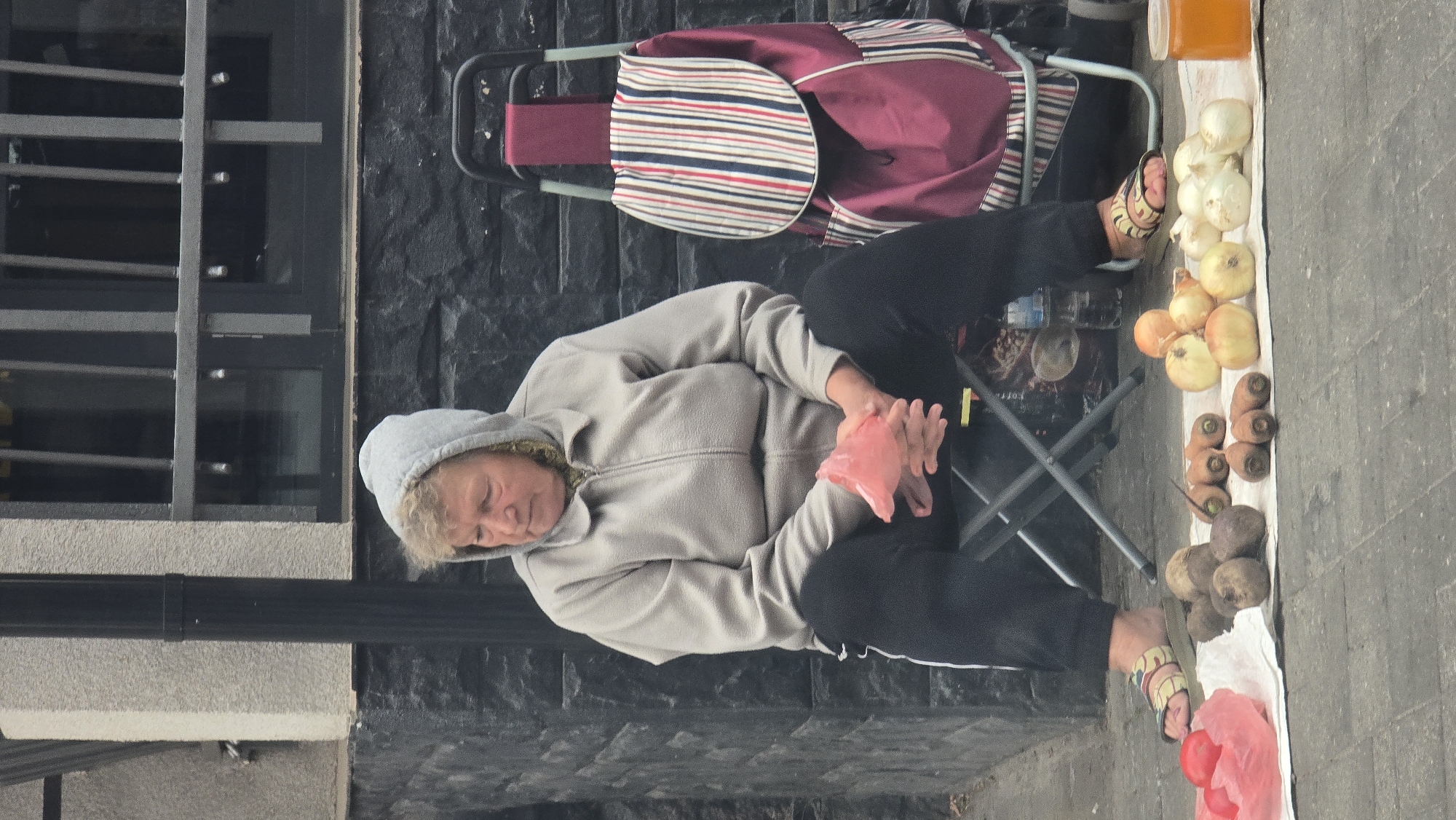 A woman sits on a folding chair on a sidewalk in Zhytomyr, Ukraine. She is wearing a grey hooded jacket and black pants. Her hands are clasped, holding a pink plastic bag. In front of her, arranged on a white sheet, are several beets, carrots, onions, and a red tomato in a plastic bag. To her right, a shopping cart with a striped fabric bag is parked. The background features a dark brick wall and a window with metal bars.