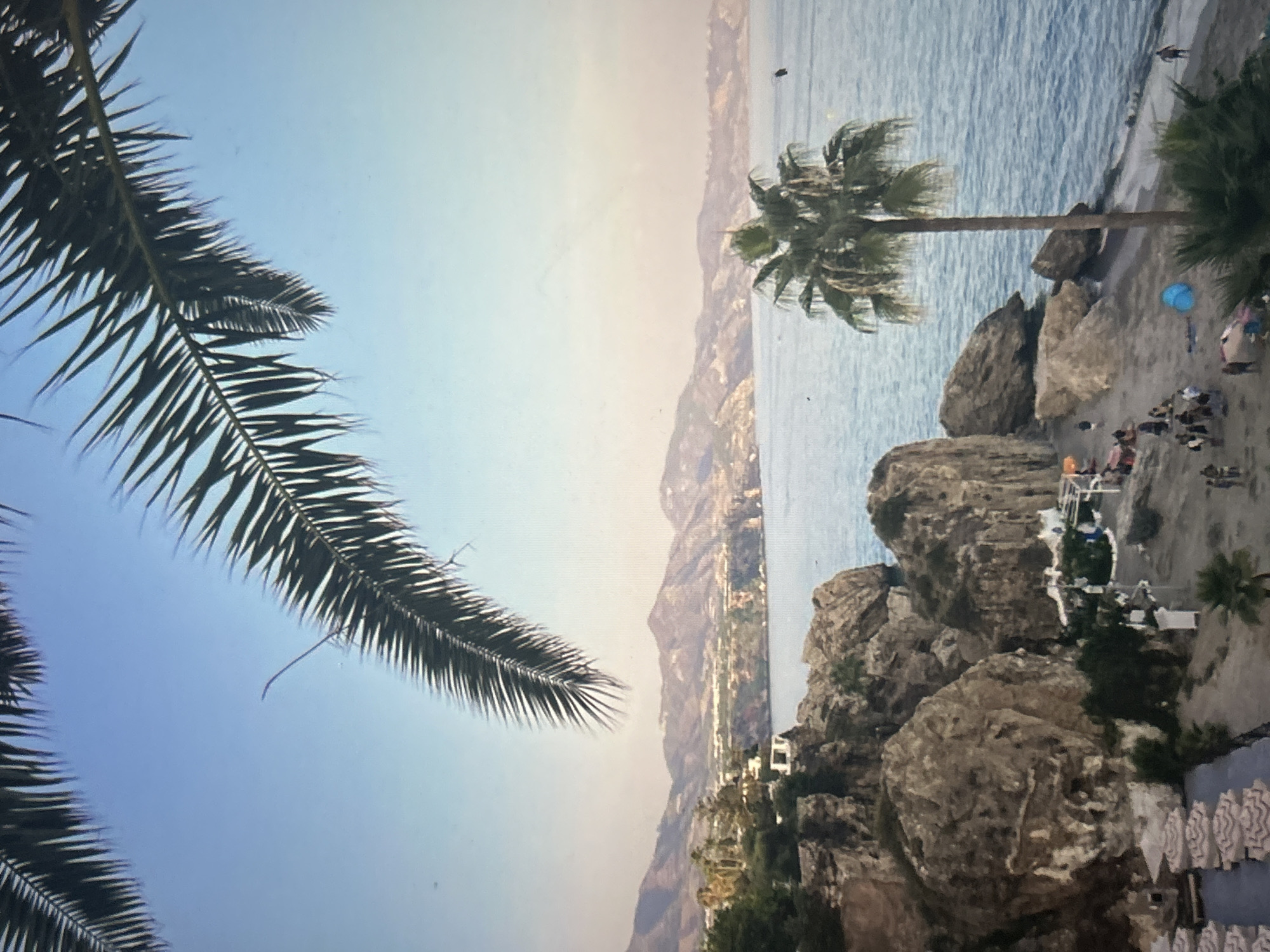 A high-angle, eye-level shot captures a coastal landscape under a clear sky, appearing to be late afternoon or early morning due to the warm light on the horizon. The upper portion of the image is diagonally framed by two blurred, dark green palm fronds, one from the top left extending down and right, and another from the top right extending down and left.
In the mid-ground, the left side is dominated by rugged, light brown rock formations and cliffs, sparsely covered with green vegetation. A white building with a flat roof is nestled into the cliffside. Below the cliffs, a terraced area with rows of folded white sun loungers and umbrellas is visible.
The sea occupies the central and right portions of the image, exhibiting a calm, bluish hue with minimal ripples. In the distance, several small, indistinct objects, possibly boats, dot the water. A tall, slender palm tree with a full canopy of green fronds stands upright on the sandy beach along the right side, just above the water's edge.
The background features a hazy, mountainous coastline stretching across the horizon, with undulating peaks that fade into the pale sky.
The foreground (bottom) reveals a sandy beach populated by numerous individuals. Approximately 20-30 people are scattered across the sand, engaged in various activities such as walking, standing in groups, and lounging. A bright blue object, possibly a towel or small shelter, rests on the sand. Towards the far right, one person is seen wading in the shallow water near the shore. Small white structures, likely part of beach facilities, are visible at the base of the main cliffs on the left.