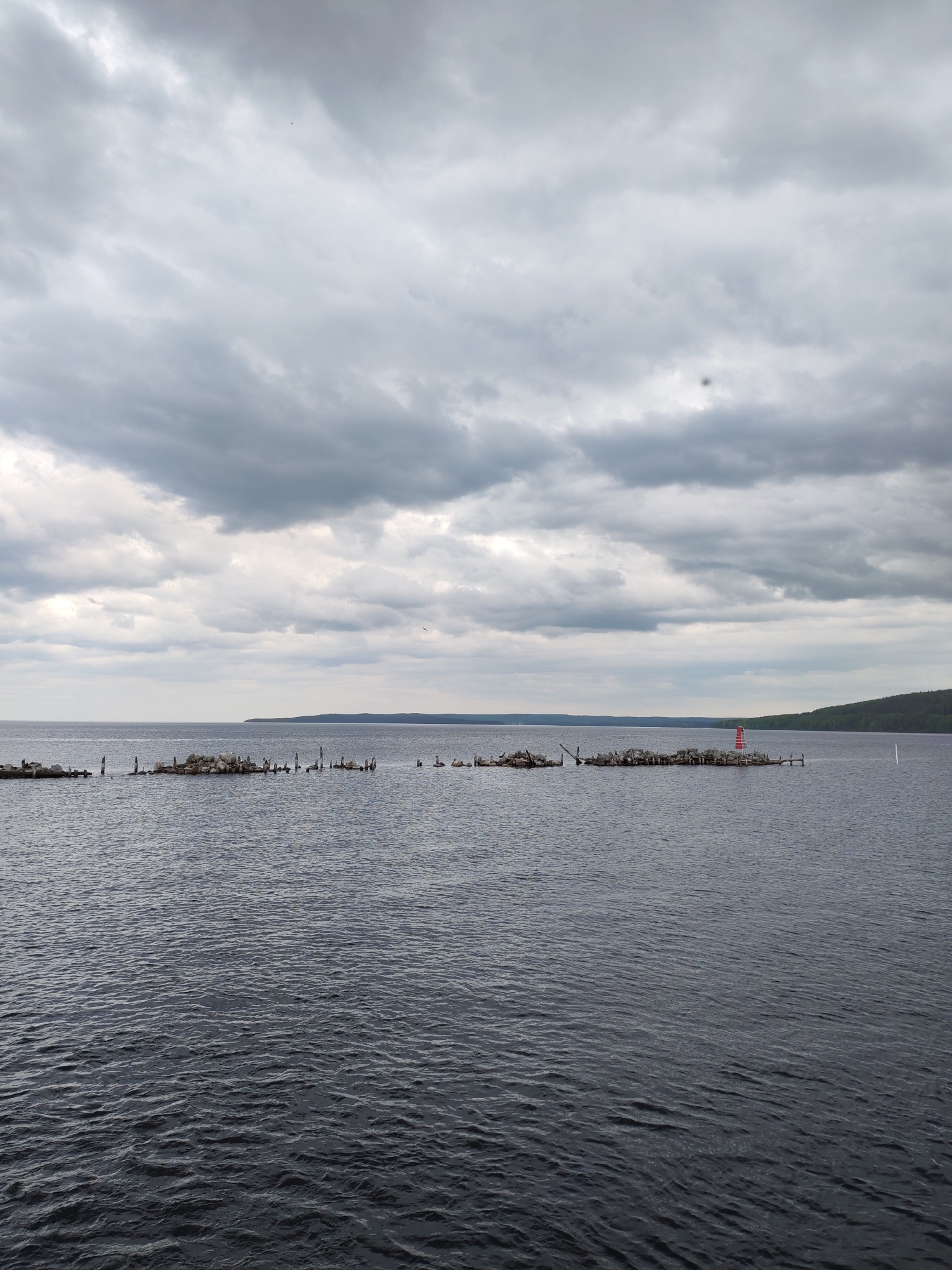 The image presents a wide, horizontal view of a body of water under an expansive, heavily overcast sky. The overall color palette is dominated by dark greys and blues, conveying a subdued atmosphere.
In the mid-ground, a series of scattered, low-lying structures emerge from the water. These appear to be clusters of weathered wooden pilings and rocks, possibly remnants of an old pier or breakwater. Small, dark specks can be seen on these structures, which may be birds. Towards the right side of the frame, among these structures, stands a distinctive small lighthouse or navigational beacon, featuring a striking red and white striped pattern that provides a focal point of color. Further to its right, a thin white pole rises vertically from the water.
The water itself is dark and shows gentle ripples across its surface, reflecting the muted light from the cloudy sky. In the background, a distant, low-lying forested shoreline or range of hills stretches across the horizon, particularly visible on the right side of the image, suggesting the edge of a large lake or bay. The sky is filled with thick, textured grey clouds, indicating an overcast day. A tiny dark speck, potentially a bird, is visible flying in the upper part of the sky.
No people are visible in the scene, and no specific activity is taking place, contributing to a sense of stillness and quiet. The image captures a calm, yet somber, natural landscape on a cloudy day, set in the context of Medvezhyegorsk, Russia. There is no visible text.