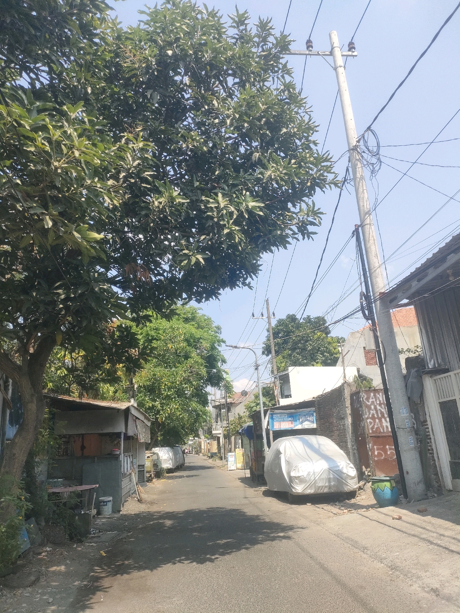 The image depicts a street scene in Surabaya, Indonesia. A mature tree with dense green foliage dominates the left side of the frame, casting shadows on the asphalt road. Adjacent to the tree, a small, rustic wooden structure with a weathered roof and corrugated metal walls serves as a shop or stall. In front of this structure, a metal table and chairs are visible, along with buckets and debris on the ground. Further down the street, two cars are parked on the right side of the road, one of which is covered with a light-colored tarp. A large utility pole with numerous wires stretches across the upper right portion of the image. The street is lined with buildings, some with brick walls and tiled roofs, and others with more modern white facades. The sky is clear and blue, indicating a sunny day. The overall impression is a typical urban street with residential and commercial elements.