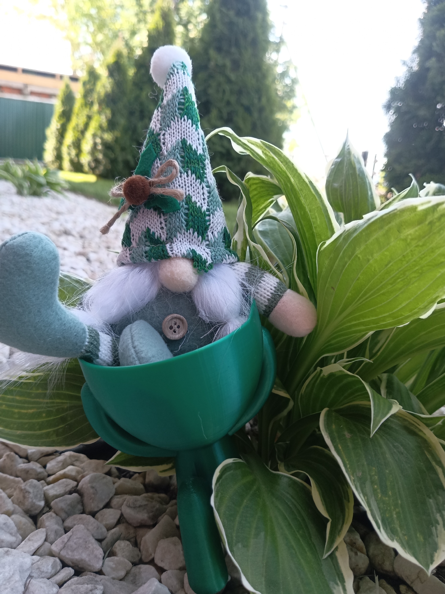 A gnome figurine sits amidst a garden setting. The gnome is wearing a green and white patterned hat with a brown pom-pom decoration. It has a white beard and appears to be sitting in a green container resembling a flowerpot. The container rests on a bed of white pebbles. Adjacent to the gnome are large, green hosta leaves with white edges. In the background, there are trees and a building or fence, suggesting a backyard or garden setting. The location is Фоки, Russia.