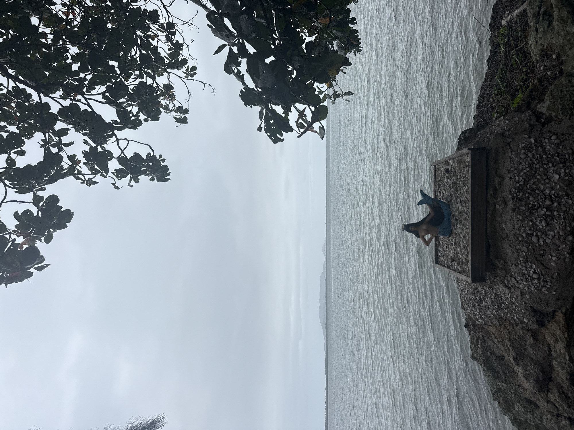 The image depicts a serene coastal scene with an overcast sky. In the foreground, a rocky embankment is visible, covered with small shells. A wooden planter box filled with more shells sits on this embankment, housing a small statue of a mermaid. The mermaid statue is positioned facing the water, with its torso visible and its tail extending to the right. The water is calm, with gentle ripples, and stretches towards the horizon where a distant landmass is faintly visible. The upper portion of the image is dominated by the dark foliage of trees, framing the sky and the sea. The scene suggests a tranquil, possibly slightly moody, atmosphere, typical of a cloudy day by the sea. The location is identified as São Pedro Da Aldeia, Brazil.