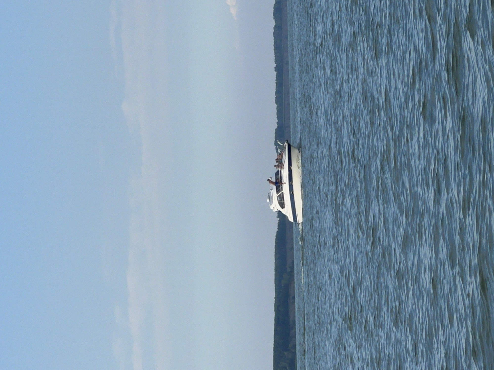 A motor yacht with several people on board travels across a body of water under a clear blue sky. The yacht is white with a blue stripe along its side. People are visible standing on the deck. In the background, a dense line of green trees forms the shoreline. The water is a deep blue with visible ripples. The scene is set in the city of Borovoe, Russia, on a bright, sunny day.