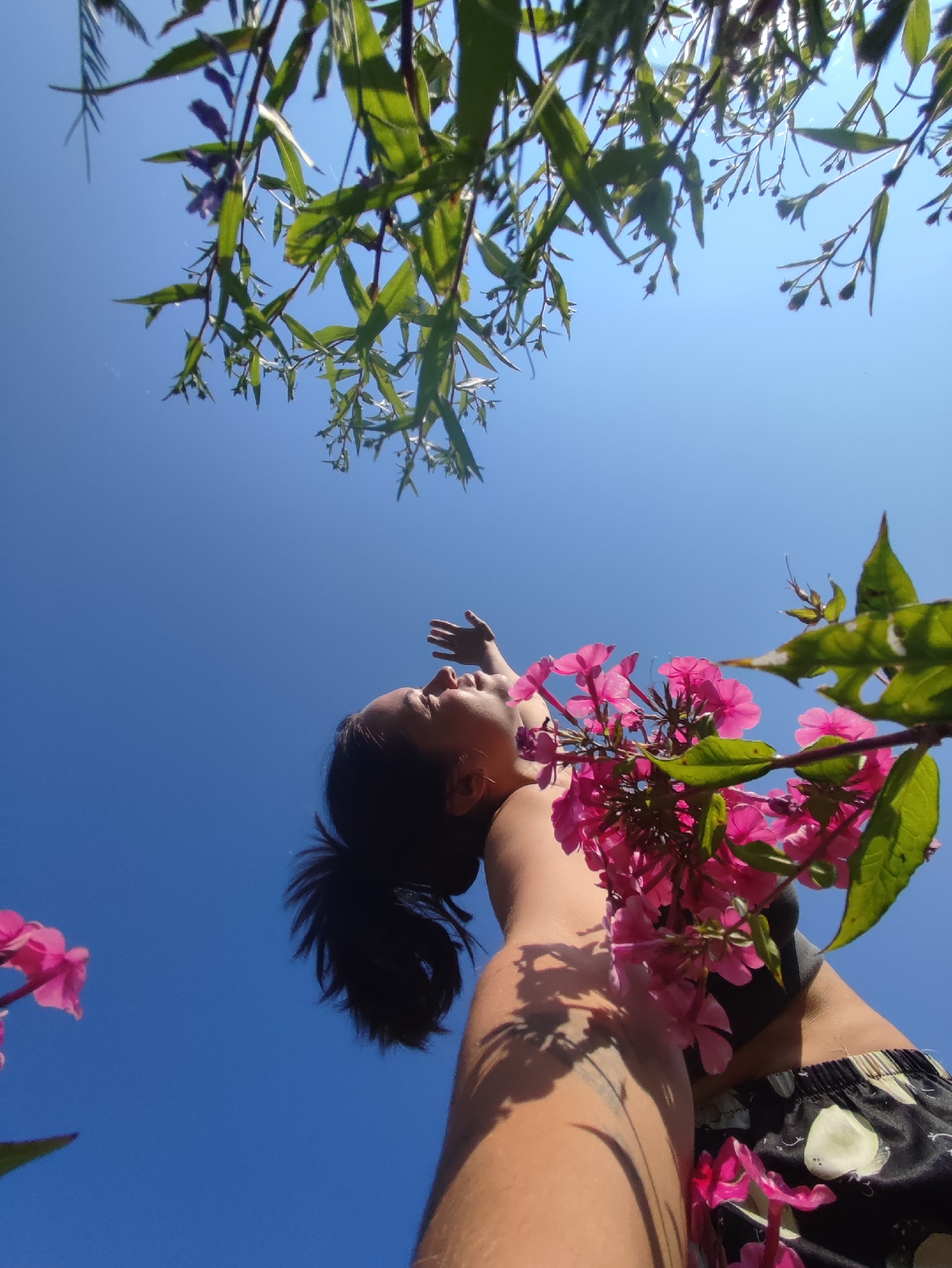 A low-angle, wide-shot photograph captures a person looking up at a clear blue sky, framed by lush green foliage and vibrant pink flowers. The person, with dark hair tied in a ponytail, is shown from the torso upwards, with their head tilted back and their right arm extended towards the sky. Their face is partially obscured by the foliage and flowers, but their eyes appear closed as if in a moment of reflection or enjoyment. The person is wearing a black garment with white circular patterns. The foliage and flowers are in sharp focus in the foreground and on the right side of the frame, suggesting they are close to the camera. The background is a cloudless, bright blue sky. The overall impression is one of a serene and idyllic outdoor scene. No specific location within the city of Фоки, Russia is discernible from the image.