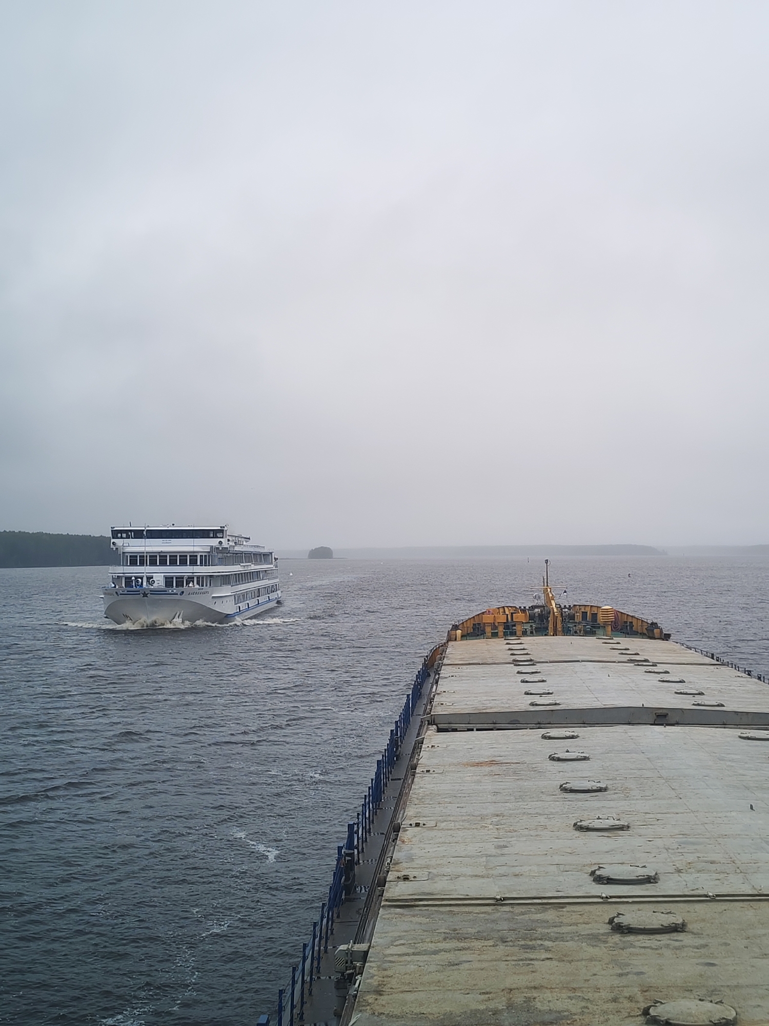 A photograph shows two ships on a body of water under a cloudy sky. The first ship, a passenger liner, is white with multiple decks and is moving towards the viewer, leaving a wake. In the foreground is the deck of a barge, gray and weathered, with evenly spaced round hatches. In the distance, there is a landmass with trees. The water is choppy and gray. According to the metadata the location of the photo is in Topornya, Russia.