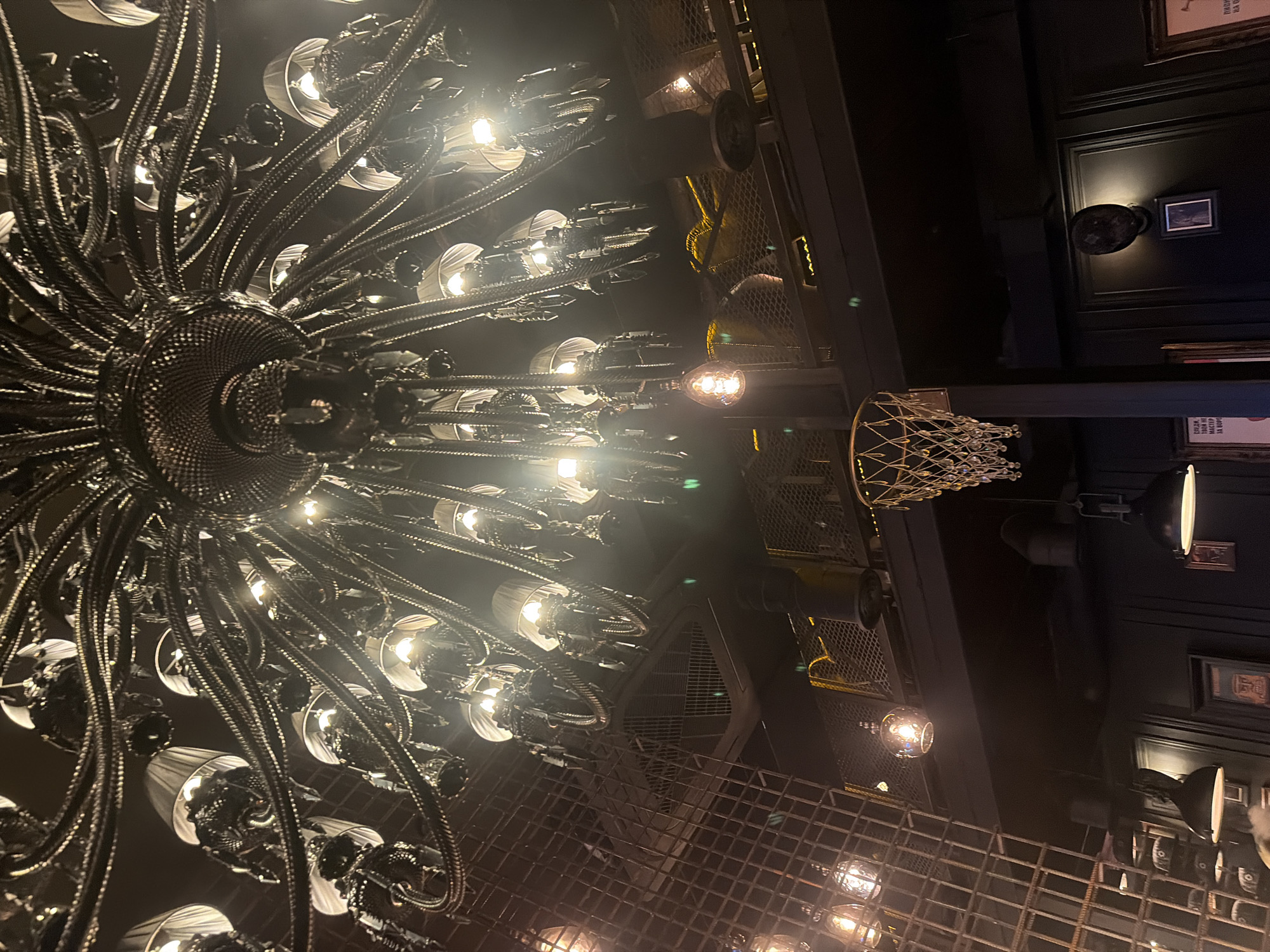 The image shows the interior of a dimly lit establishment, likely a bar or restaurant, in Saint Petersburg, Russia. The focal point is an elaborate, dark-colored chandelier with numerous arms, each ending in a light fixture with a white shade and decorative elements. The chandelier is intricate and appears to be made of metal, with a metallic, somewhat gothic aesthetic.
Below the chandelier, the scene depicts a multi-level interior with industrial-style elements. There is a metal cage-like structure on the left side, with exposed wiring and lights. Further back, a metal grate or railing is visible, separating different levels. A unique decorative element, a miniature basketball hoop made of what appears to be crystal or glass beads, hangs in the middle ground.
Various lights are visible throughout the space, including exposed bulbs and pendant lights with dark shades. The walls are dark, and framed pictures are visible on them. One picture on the right shows a framed image of a face. The overall ambiance is moody and dimly lit, suggesting an evening setting. The specific location within Saint Petersburg is not discernible from the image itself.
