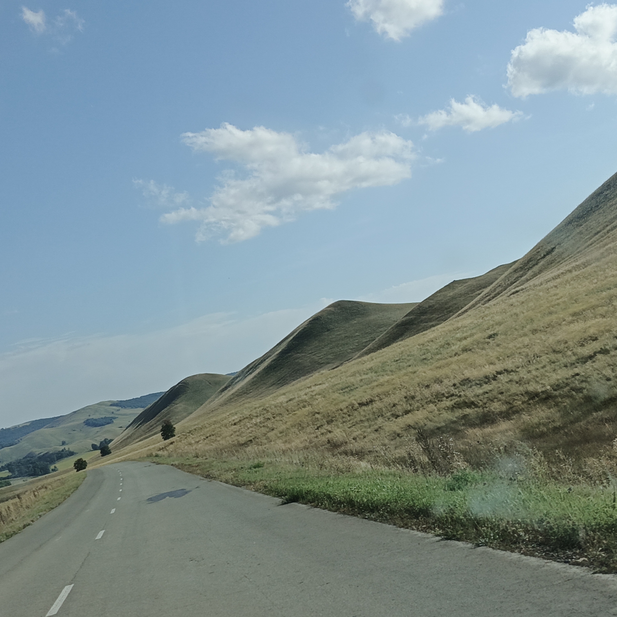 The image shows a paved road with white dashed lines, leading through a landscape of rolling hills covered in dry, golden grass. The sky is a clear blue with scattered white clouds. In the background, more rounded hills with patches of green vegetation are visible. A few scattered trees can be seen on the hillsides and along the side of the road. The scene depicts a rural or natural setting, likely a road in the countryside. The specific location in Башкирская Чумаза, Russia is not evident from the visual information alone. There are no people or animals present in the image. The road appears to be in good condition, with no visible damage or obstacles. The overall impression is one of a peaceful and scenic drive through a natural landscape.
