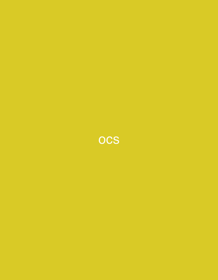The image displays a uniformly yellow background. Precisely centered within this monochromatic field are three uppercase white letters: "OCS". There are no other visual elements, figures, objects, or actions depicted. Within the specified context of Casablanca, Morocco, this image serves as an abstract graphic identifier, offering no direct visual information about the city's environment, inhabitants, or specific activities.
