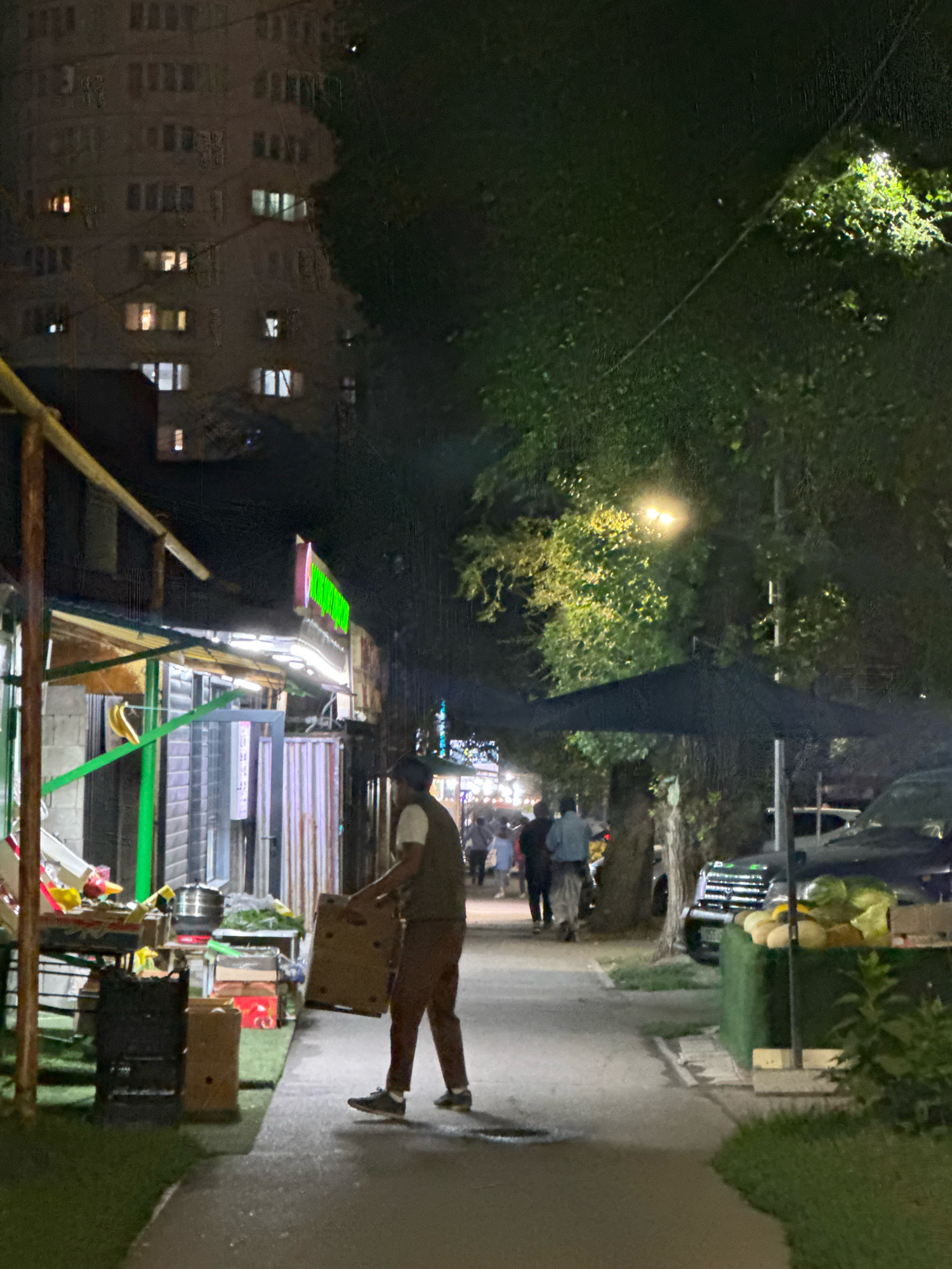 The image depicts a nighttime scene on a sidewalk in Almaty, Kazakhstan. A man in a vest and brown pants is carrying a cardboard box, walking away from a row of market stalls. The stalls have awnings and display various goods, including what appears to be produce. To the right of the stalls, a large black umbrella provides shade, and further down the street, a dark-colored vehicle is parked. In the background, a multi-story building with illuminated windows suggests an urban environment. Trees line the street, and streetlights cast a yellowish glow on the scene. The overall impression is of a bustling night market or street vendor area.