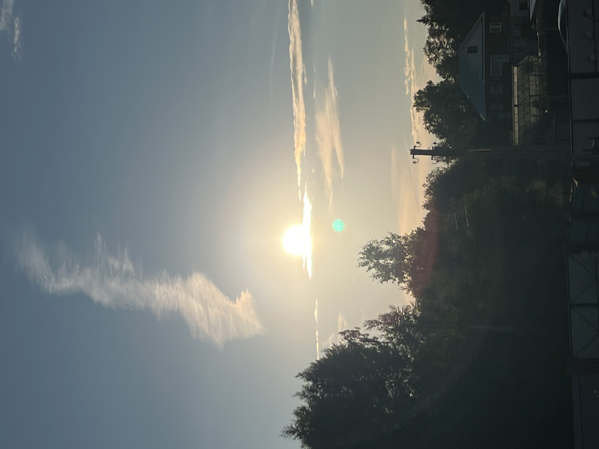 This is a vertical, eye-level shot of a rural scene near the city of Chaikovsky, Russia, during what appears to be sunset or sunrise. The sky occupies the upper two-thirds of the frame, transitioning from a clear, pale blue at the top to a lighter, hazy hue near the horizon. A long, wispy white cloud stretches vertically from the upper left quadrant, fading into the sky. The sun, a bright, glowing orb, is positioned slightly to the right of center, partially obscured by thin, elongated clouds that catch its light, displaying subtle iridescence. A small, bright green lens flare is visible to the left of the sun.
The lower third of the image is dominated by dark silhouettes of trees, forming a dense canopy that obscures much of the ground. In the mid-ground, a two-story house with a blue roof is visible, its windows appearing dark. Adjacent to the house is a greenhouse with a glass roof. A utility pole with insulators stands to the left of the house. In the foreground, a dark, horizontal fence with a metallic sheen runs across the bottom of the frame, suggesting a property boundary. The overall impression is one of a quiet, natural setting bathed in soft, atmospheric light. There are no people or animals visible in the image.