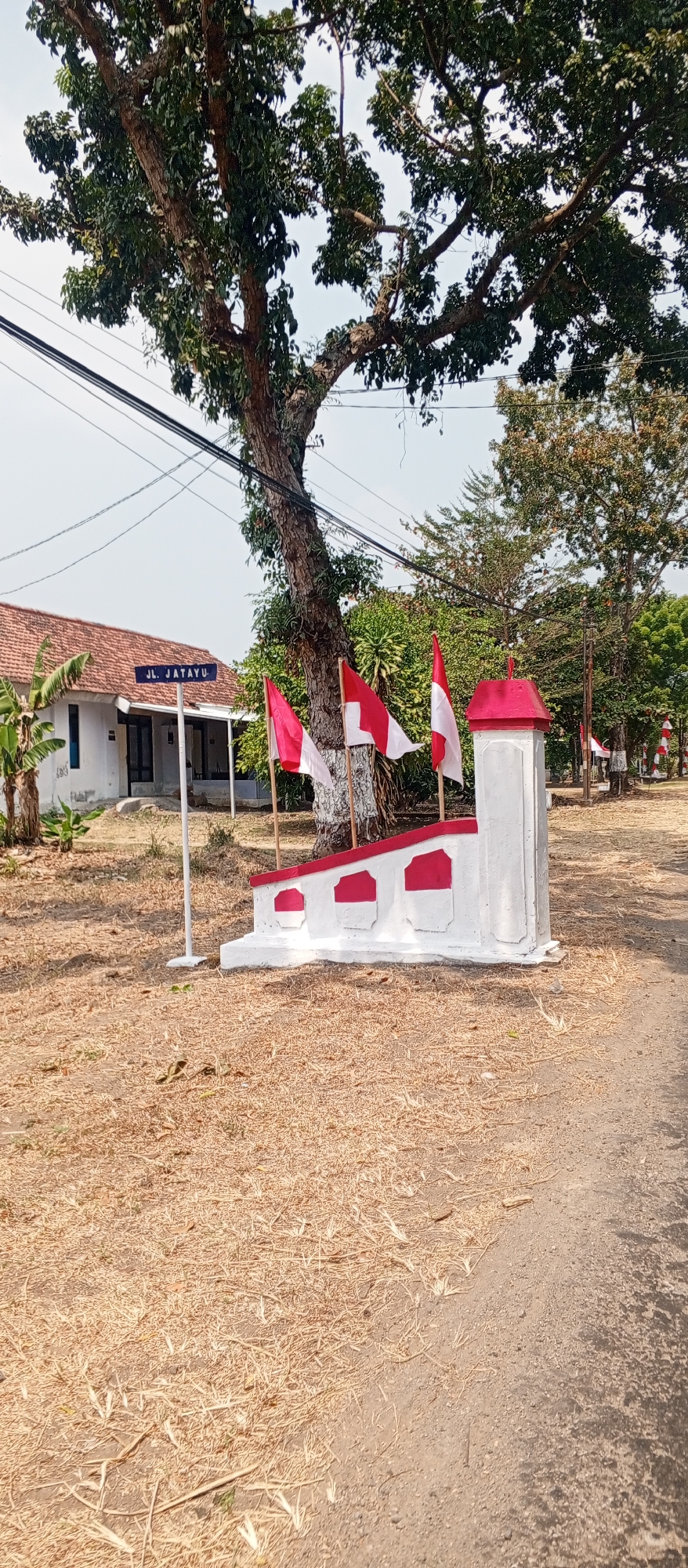 In Maospati, Indonesia, an outdoor scene depicts a street with a large tree on the left. A white building with a terracotta roof is visible behind the tree, and a street sign that reads "JL. JAYAYU" is planted in the ground in front of it. In the foreground, a white and red decorative structure with several small Indonesian flags (red and white) is situated. The ground is covered in dry grass and dirt, suggesting a rural or semi-rural environment. The sky is clear and bright.
