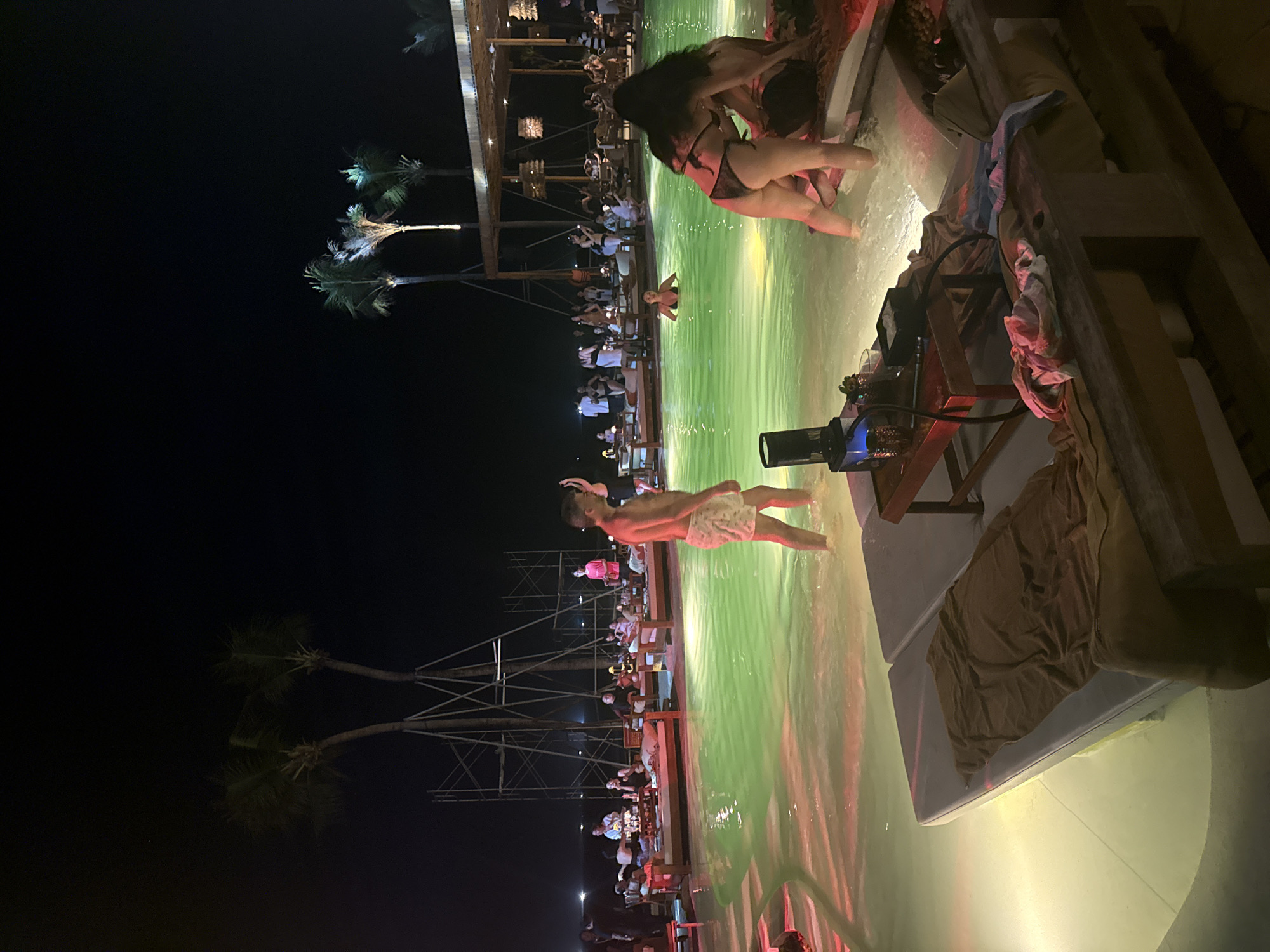 Here is a description of the image:
The image appears to be taken at night at a resort or beach club in an unknown city. A large body of water, possibly a pool, is the central element. People are interacting near the water, some are in it, while others are seated at tables nearby. There is a wooden structure, possibly a bar or restaurant area, that is elevated above the water. There are palm trees silhouetted against the night sky, indicating a tropical location. The atmosphere seems lively and social, possibly with music or other entertainment. A person in the foreground appears to be jumping into the water. The pool is illuminated with green and red light.