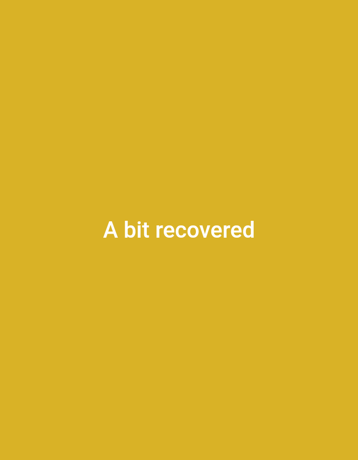 This media file is a static image featuring a solid, dark yellow background. In the center of the image, white text reads "A bit recovered". There are no discernible subjects, objects, activities, or events taking place. The image is simple and lacks any specific location cues, time of day, weather information, or emotional content beyond what might be inferred from the text itself.