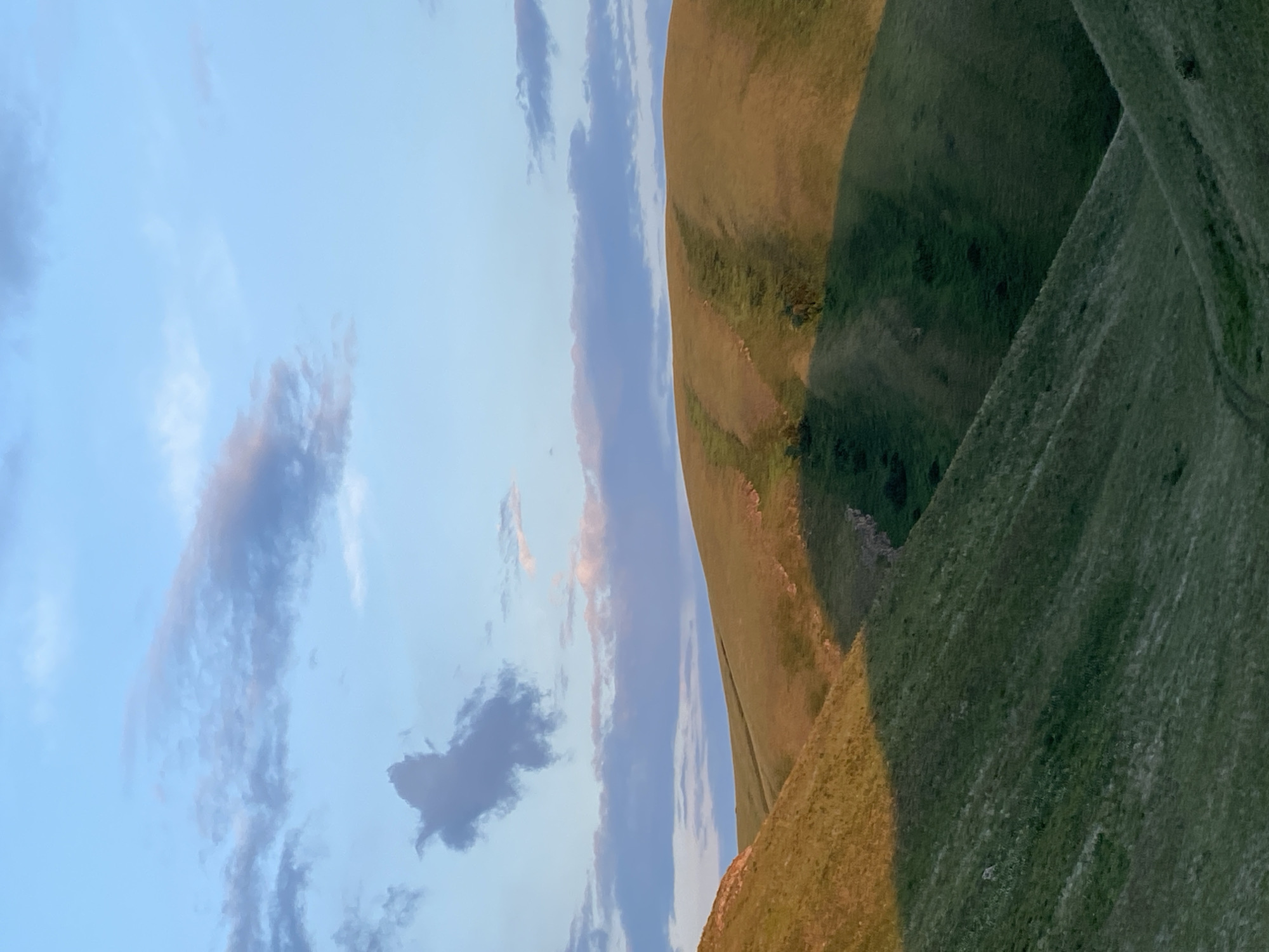 The image depicts a serene landscape of rolling green hills under a pale blue sky dotted with scattered clouds. The hills are covered in lush grass, with shadows cast across their slopes, suggesting either early morning or late afternoon light. In the foreground, the slopes are steep and textured, while the background reveals gentler, undulating contours. The sky is a gradient of soft blue, with wispy, elongated clouds and a singular, darker, amorphous cloud formation in the upper left quadrant. The scene is devoid of any man-made structures or human presence, emphasizing a natural and untouched environment.