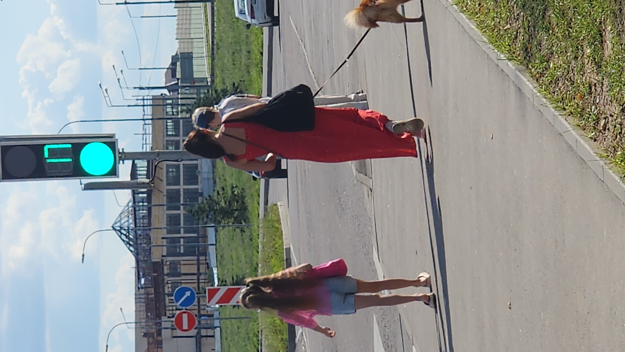 The image depicts a sidewalk scene in Novoivanovskoe, Russia, on a sunny day. A young girl with long brown hair, wearing a pink top and denim shorts, walks away from the camera towards the left. She carries a pink bag. To her right, a woman in a long red dress and a dark shoulder bag walks away from the camera. She is holding a leash attached to a small, fluffy brown dog walking beside her on the right. Behind them, a person wearing a light-colored shirt and a blue cap is visible. A traffic light showing a green signal is prominent in the upper right quadrant of the image. In the background, there are buildings under construction, streetlights, and a road with a white car.