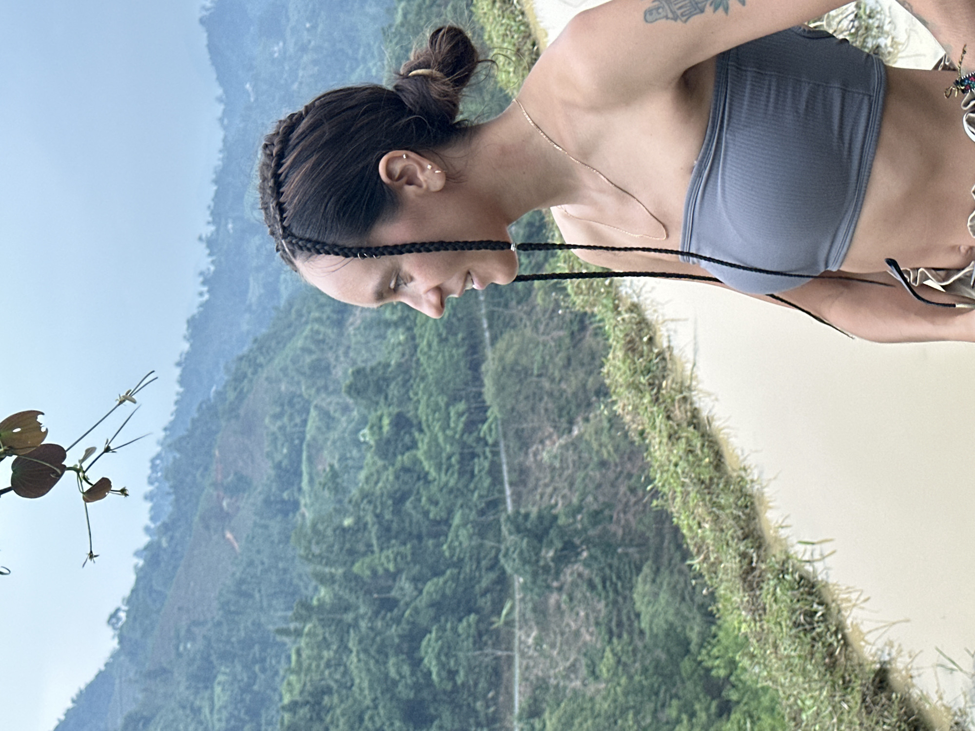 The image captures a profile view of a woman against a backdrop of verdant mountains and agricultural landscapes, specifically in Nậm Dịch Commune, Vietnam. The woman, positioned on the right side of the frame, is seen from the chest up, looking downwards with a serene expression that includes a subtle smile. She has dark hair styled in a bun at the back, with intricate braids adorning the sides of her head, from which two long, thin braids descend towards her chest. She wears small stud earrings, a delicate gold chain necklace, and a grey ribbed bandeau top. A tattoo is visible on her upper right arm, and multiple bracelets are on her right wrist.
The background showcases a vast expanse of lush, green mountains and hills under a clear, light blue sky, indicating daytime with bright weather. Below the woman, a narrow, light-colored body of water or flooded rice paddies stretches horizontally across the mid-ground, bordered by green, grassy banks. The overall setting suggests a rural, mountainous region known for its distinctive terraced fields. In the far left foreground, a small plant branch with dark leaves and tiny buds adds a natural element to the composition. No text is visible in the image.