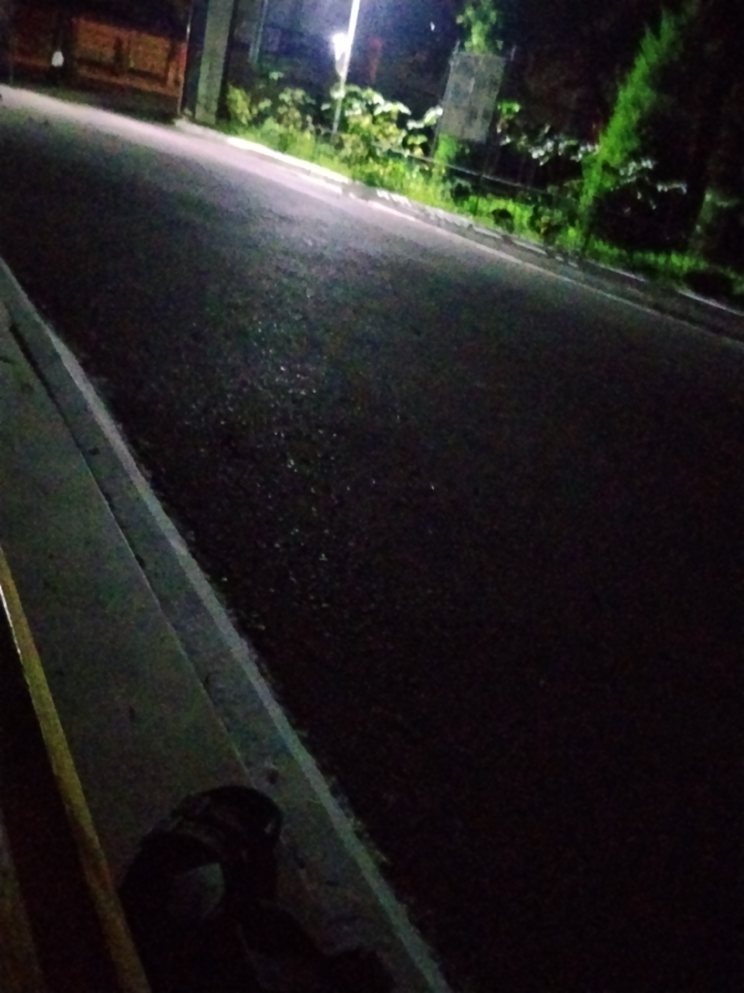 A dimly lit, asphalt road curves to the right. A raised concrete curb, with a yellow stripe, runs along the left edge of the road. In the lower left corner, a dark object, possibly a bag or backpack, rests on the curb. To the right of the road, sparse vegetation and trees are visible, with a bright light source illuminating the scene from further up the road. The overall impression is of a quiet street at night, possibly in a residential or less trafficked area of Tashkent, Uzbekistan.