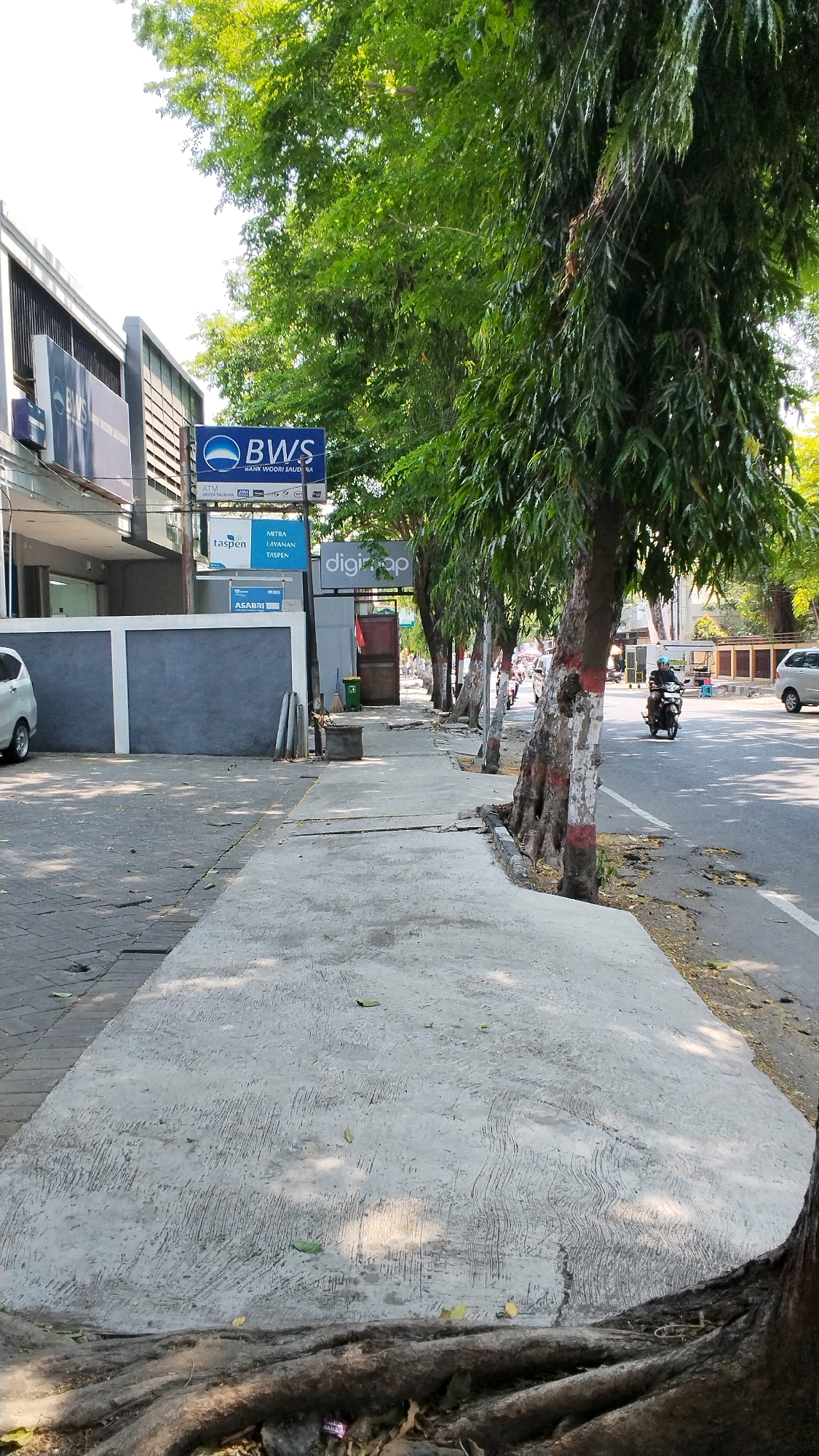 The image shows a street scene in Mojokerto, Indonesia, with a focus on a sidewalk lined with trees. A white car is parked on the left side of the frame, next to a building with blue signage that includes the logo "BWS BANK WOORI SAUDARA". Further down the sidewalk, there are more signs, including one for "TASPEN" and another for "digisap". The sidewalk itself is made of concrete and appears somewhat uneven, with visible tree roots emerging from the ground in the foreground. A road runs parallel to the sidewalk, with a motorbike carrying a rider visible in the middle distance, heading away from the camera. The overall scene is typical of a commercial or urban area in Indonesia, characterized by the presence of trees along the street, commercial establishments, and pedestrian walkways.