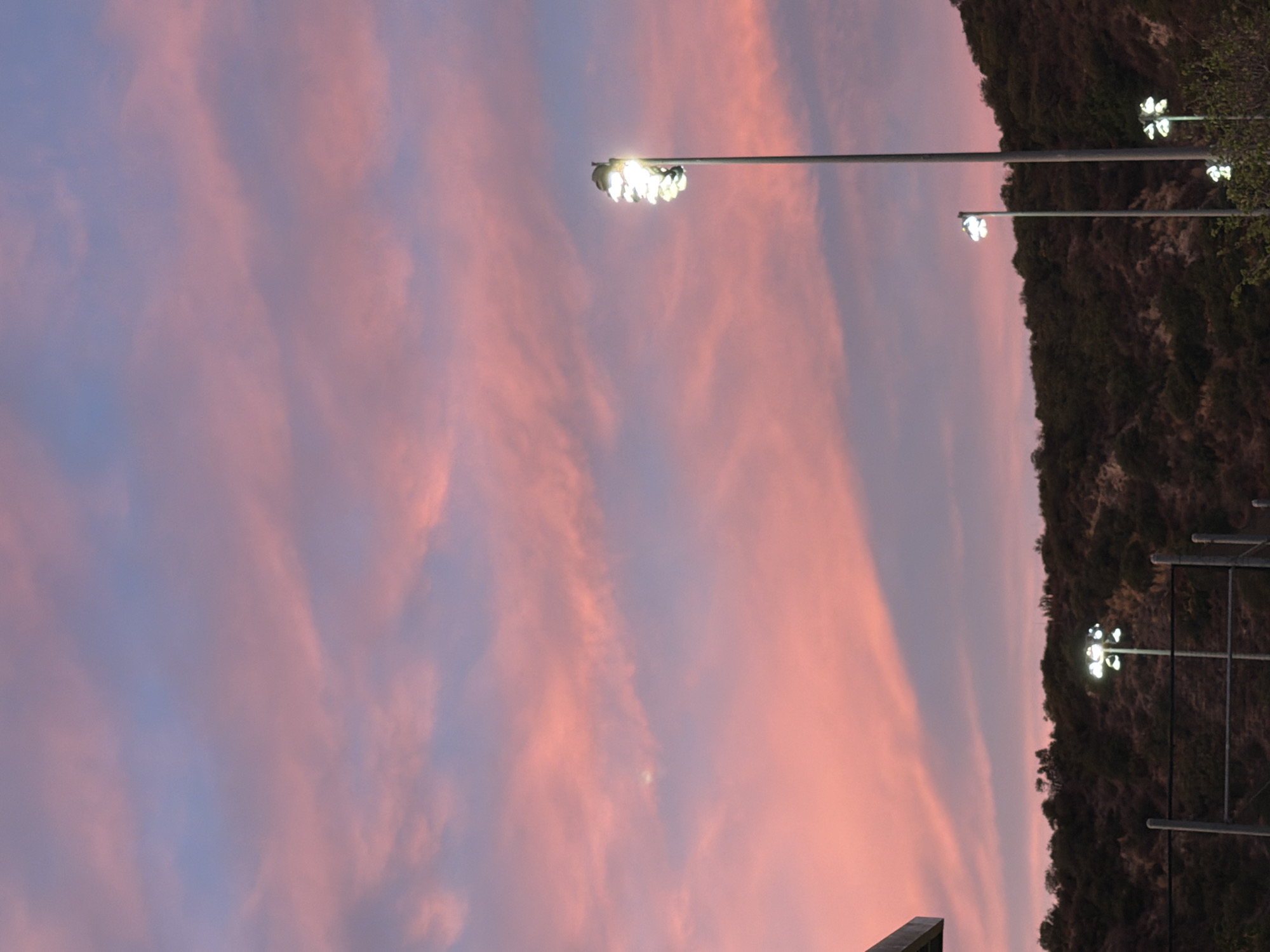 This is a vertical, eye-level shot of a sunset in Glendale, California, USA. The sky is filled with soft pink and purple clouds. In the foreground, there are two stadium lights with their lights on. One light is taller and closer to the camera, while the other is shorter and further away. In the background, there is a hill covered in dark vegetation, and a fence can be seen in the lower part of the image. The overall mood of the image is peaceful and serene.