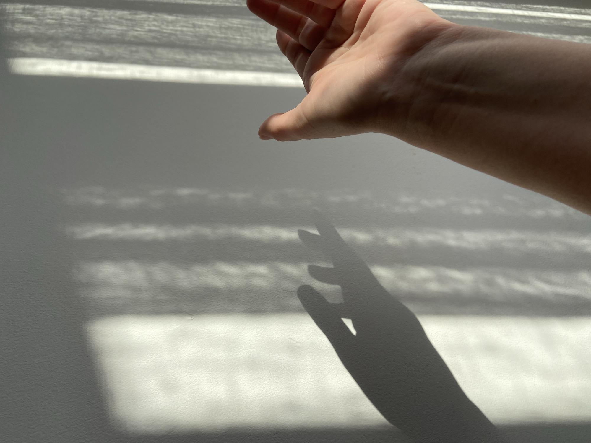 A human hand is casting a shadow on a white wall. The wall is illuminated with a pattern of light and shadow, possibly from window blinds. The hand is in the upper right of the frame, with the shadow of the hand below it on the wall. No evidence indicates a location within Budva, Montenegro.