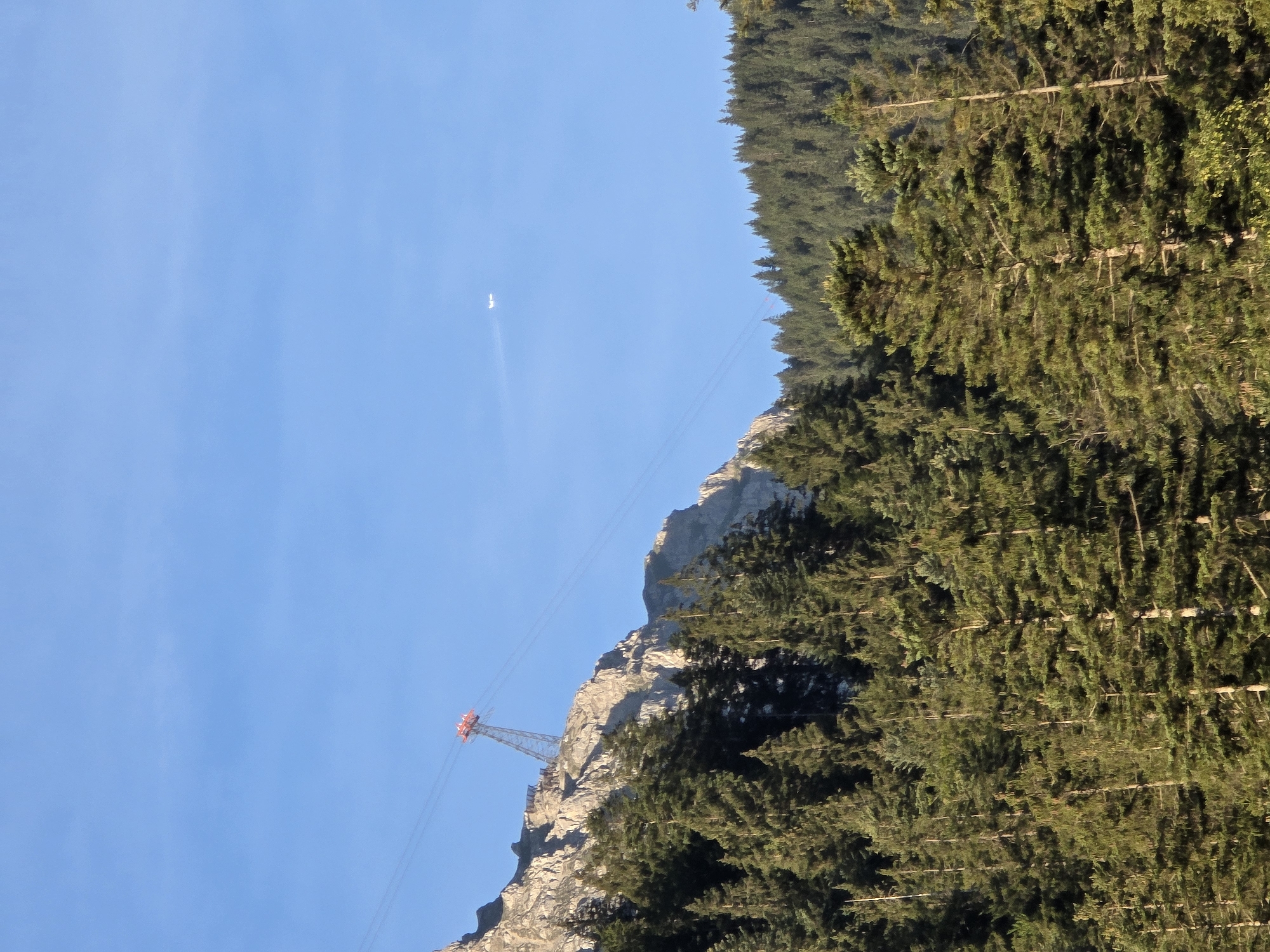 The image captures a scenic view of the Zugspitze mountain range in Grainau, Germany. A red cable car station is visible on the rocky mountain slope, with cables stretching across the blue sky. A small white airplane is flying in the distance, leaving a faint contrail. The foreground is dominated by a dense forest of green pine trees, with some lighter green trees at the bottom of the frame. The sun is shining, casting shadows and highlighting the textures of the trees and mountains. The scene is tranquil and picturesque, showcasing the natural beauty of the Bavarian Alps.