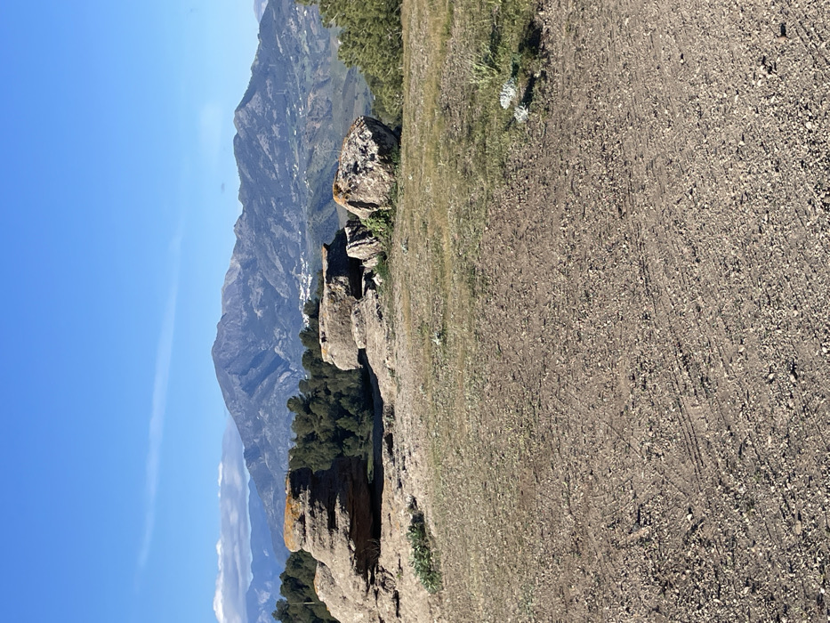 The image shows a rocky hillside in Álora, Spain, located at the coordinates 36.827 latitude and -4.723 longitude. The scene is characterized by a large, rugged mountain in the background, and a series of large, rounded boulders in the foreground. There is a sparse covering of vegetation on the hillside, and the ground is mostly bare, consisting of small rocks and dirt. The sky is clear and blue, and there are no people visible in the image. The boulders are layered, and the rock is a light brown color. There are several small trees growing out of the hillside. The image appears to be a landscape photograph taken with a smartphone, with the camera pointing directly at the mountain.