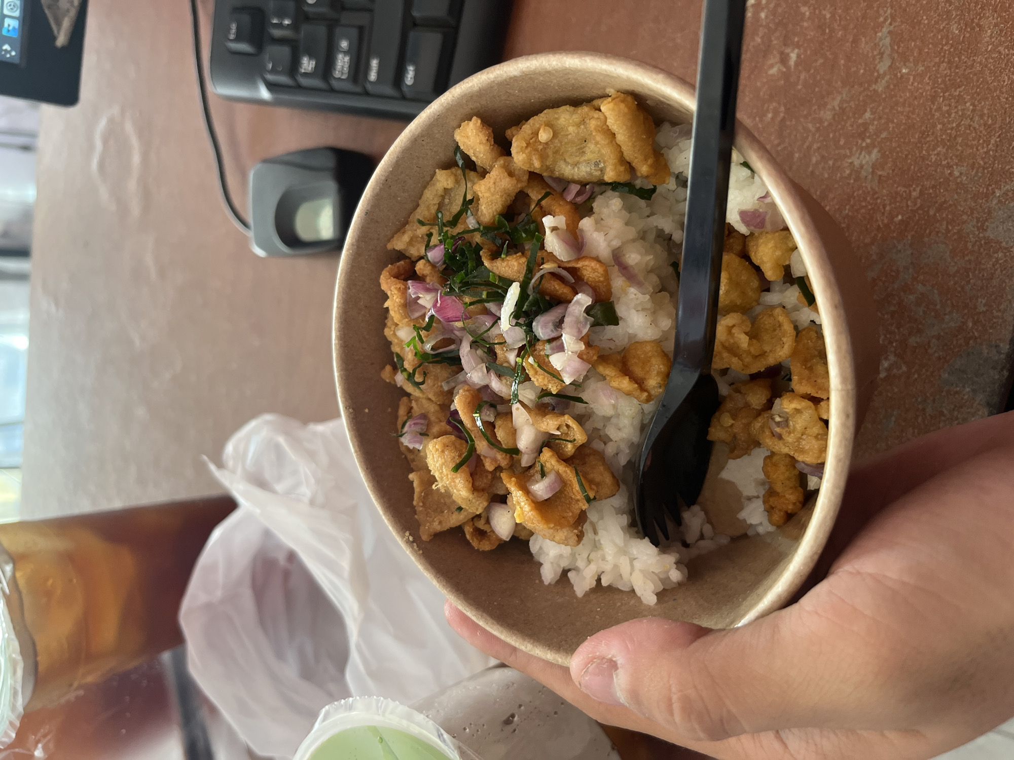A hand is holding a bowl of rice topped with fried chicken and red onions. A black fork is resting on the bowl. In the background, there is a cup of iced tea, a plastic bag, a fingerprint scanner, and a keyboard. The scene appears to be on a desk with a wood grain texture. The photo was taken in Boja, Indonesia.