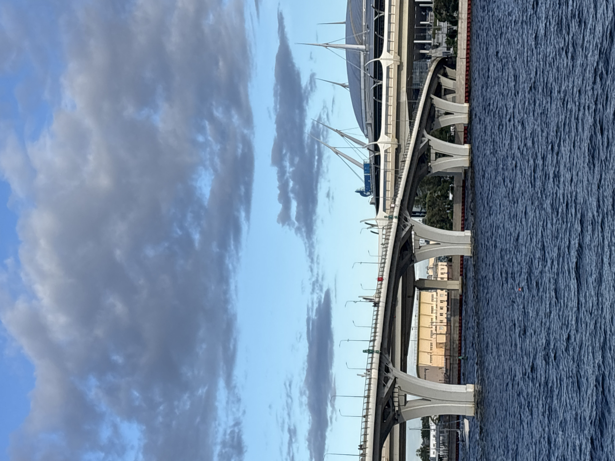 This is a landscape photograph, oriented vertically, showing a modern bridge crossing a body of water. The bridge is a prominent object, with multiple levels and a distinctive architectural style featuring sweeping curves and white concrete supports. The surface of the bridge appears to be a roadway, with streetlights visible along its length and several cars driving on it, indicating a daytime scene.
The water is a deep blue and appears to be a river or bay, with ripples on its surface suggesting a light breeze or movement. On the far side of the water, buildings are visible, some of which appear to be industrial or administrative, with rows of windows. In the background, behind the bridge and buildings, trees can be seen, suggesting a semi-urban or park-like setting.
The sky is partly cloudy, with a mix of blue sky and grey clouds, indicating variable weather. The lighting suggests it is daytime, possibly late afternoon or early morning given the light. The overall impression is one of a modern infrastructure project integrated with the natural landscape. There is no visible text in the image. The setting appears to be Lednevo, Russia, as suggested by the context.