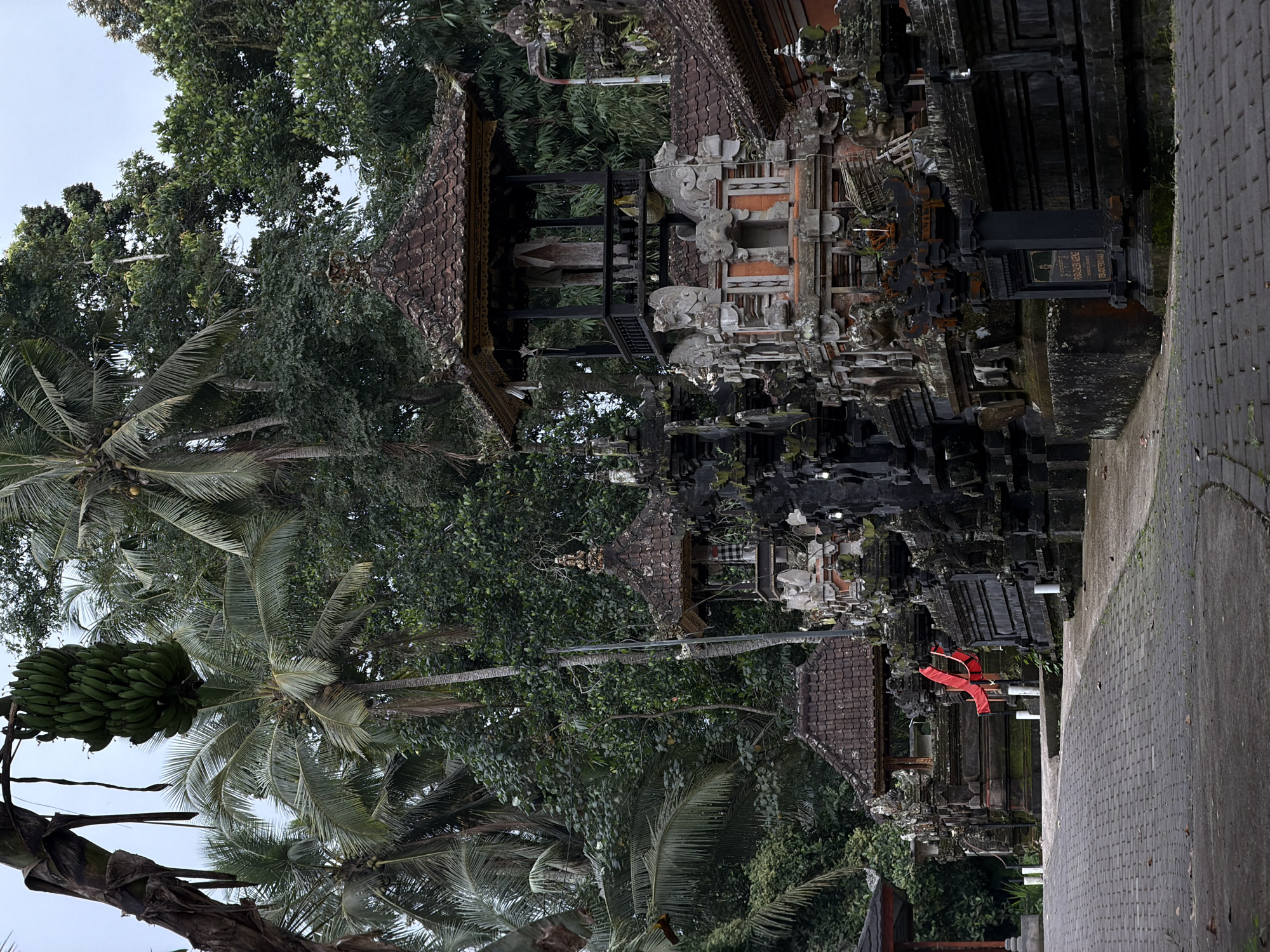 The image depicts a temple in Tembuku, Indonesia. The temple architecture is ornate and dark, with intricate stonework and tiered roofs. The temple is surrounded by lush tropical vegetation, including palm trees with bunches of green bananas. A red banner hangs from one of the temple structures. A paved walkway runs along the side of the temple. The overall scene suggests a blend of cultural heritage and natural environment in Tembuku.