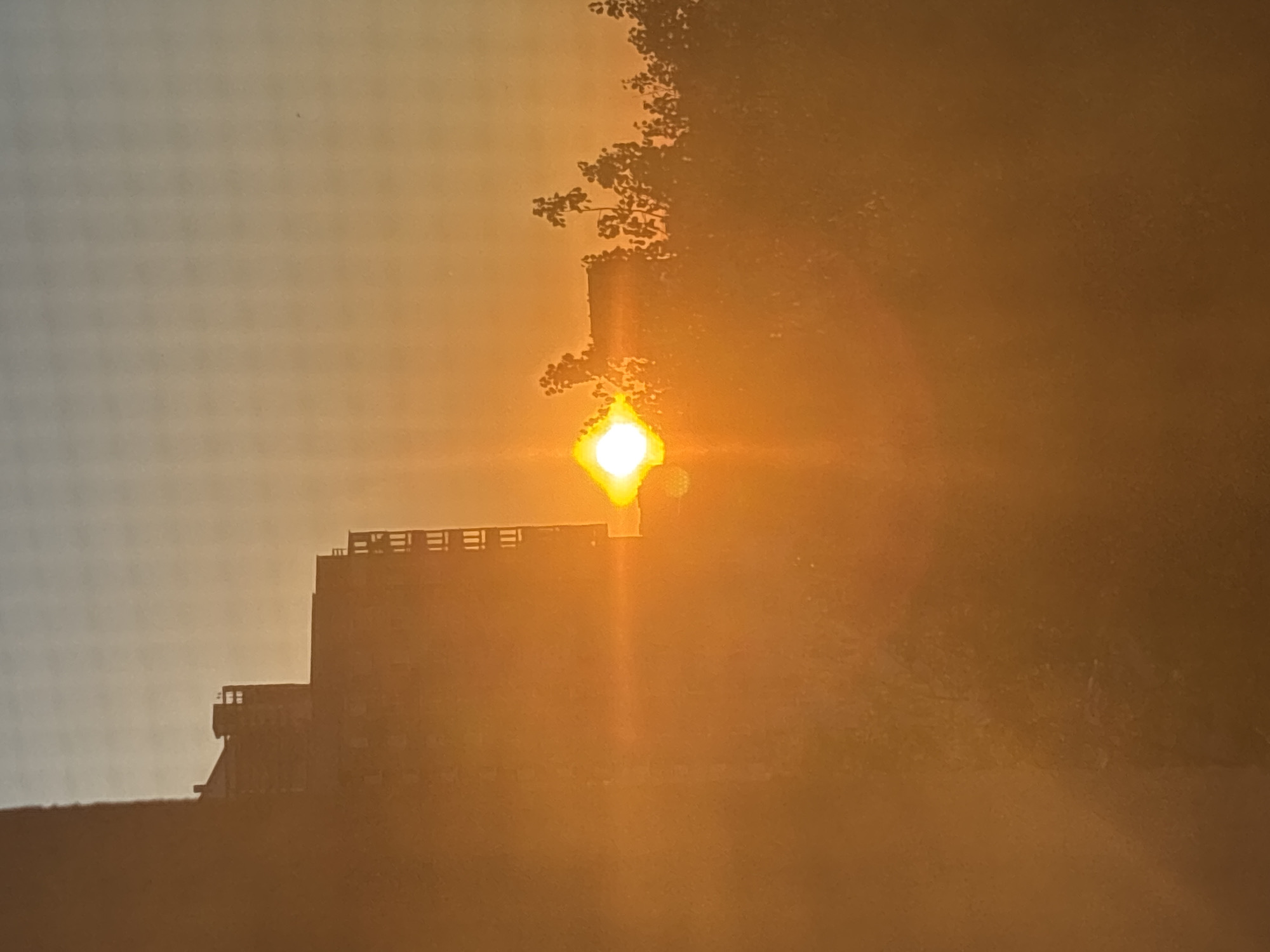 A bright, hazy sunset over Minsk, Belarus is visible in the image. The sun is positioned behind a building with visible architectural details, causing a strong glare. A tree with foliage is situated to the right of the building, partially obscuring it. The sky is a muted orange, suggesting the sun is low on the horizon. The overall environment conveys a hazy, warm atmosphere.