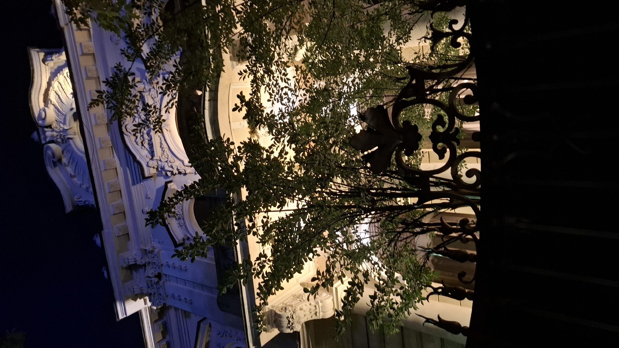 The image depicts a nighttime view of the exterior of a grand, ornate building, possibly a museum or historical landmark, located in Sofia, Bulgaria. The building's facade is illuminated by warm, artificial lighting, highlighting its intricate architectural details, including decorative carvings, arches, and molding. In the foreground, a dark, wrought-iron fence with decorative elements partially obscures the view of the building and lush green foliage. The fence's elaborate scrollwork and fleur-de-lis motifs suggest a classic or baroque style. The overall impression is one of elegance and historical significance, enhanced by the dramatic interplay of light and shadow.