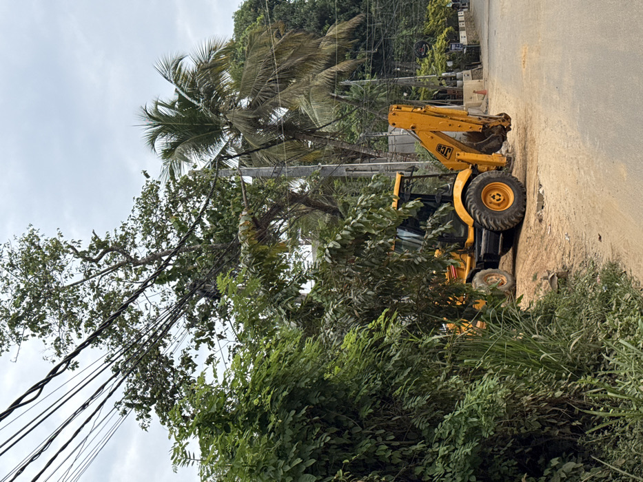 A yellow JCB backhoe loader sits on a road's edge next to dense green foliage. The loader's arm is extended upward. A utility pole, draped with numerous electrical wires, runs parallel to the road and is partially obscured by a tall tree. A palm tree is visible in the background under a cloudy sky. The road's surface shows signs of wear and tear.