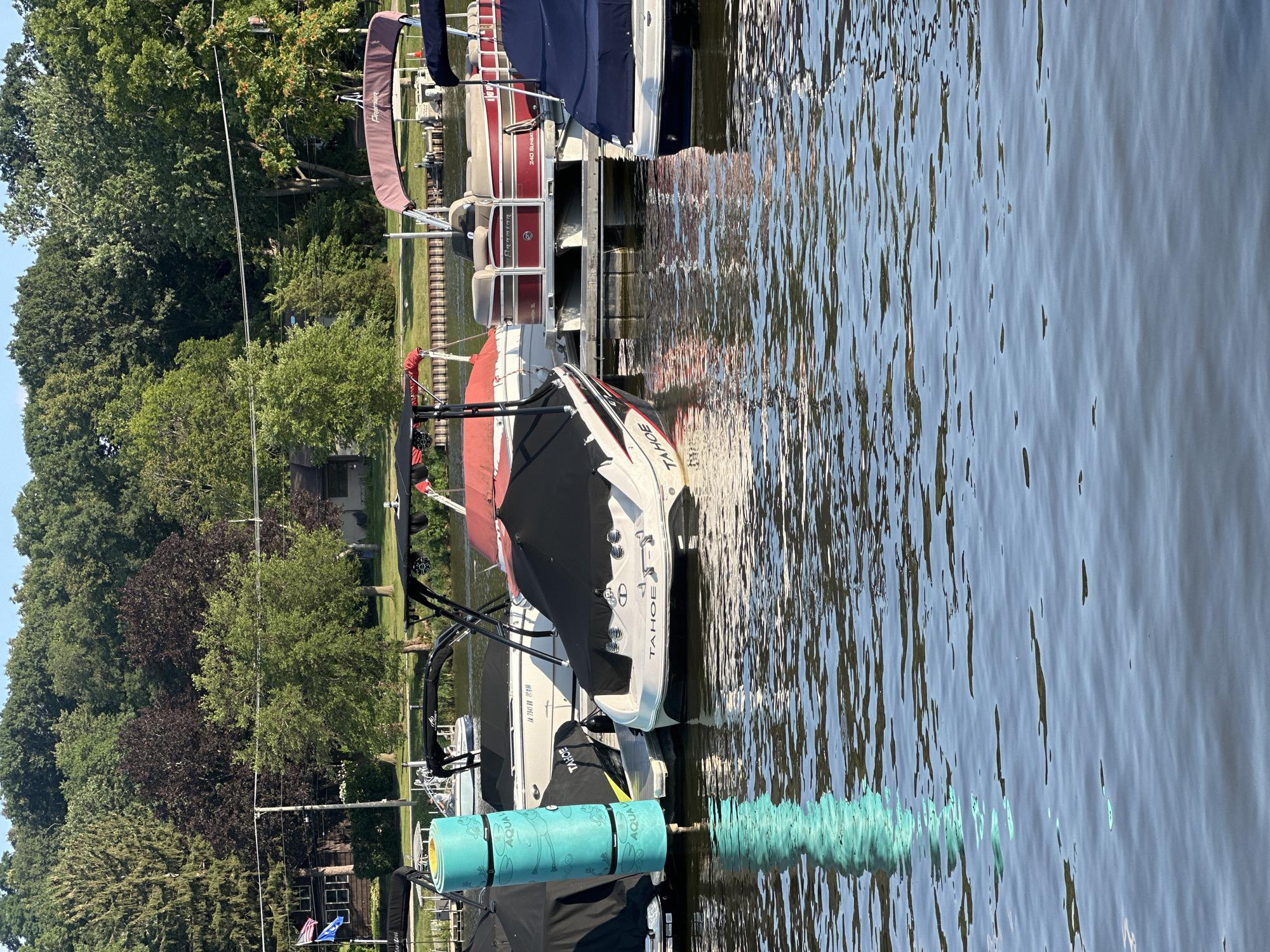 A medium shot shows a fleet of boats docked on the water. The boats are a variety of sizes and styles, including a pontoon boat and several speedboats. Some of the boats are covered with tarps, while others are open. The water is calm and reflects the sunlight. In the background, there is a line of trees and houses. The scene appears to be set in a residential area on a lake or river. The location is the Fox River in Algonquin, Illinois.