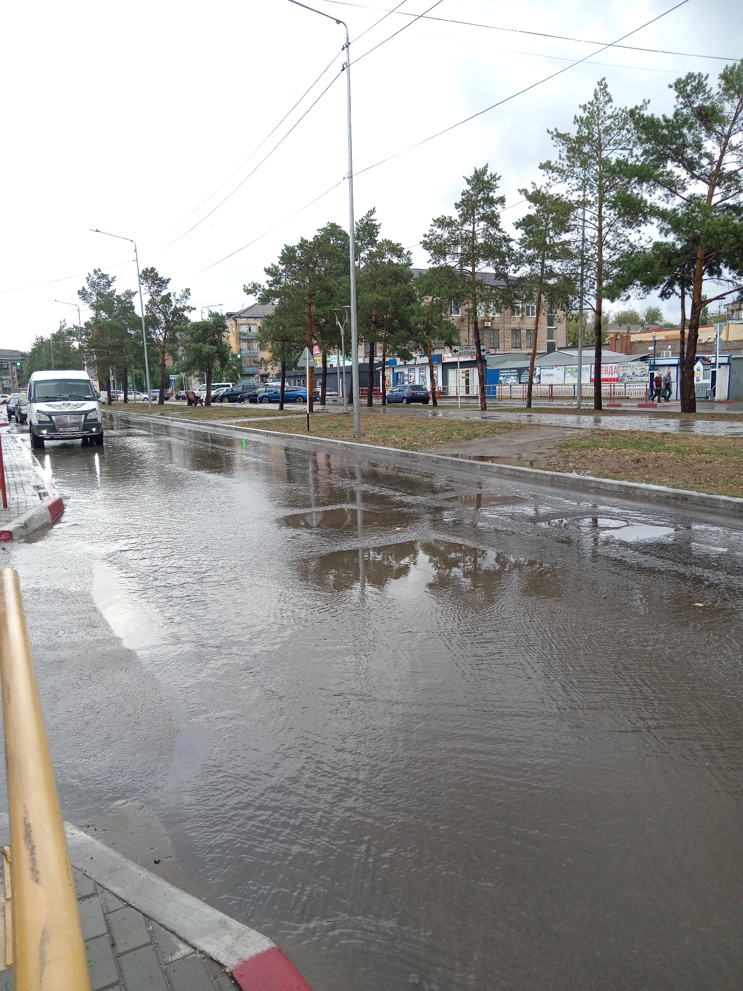 The image depicts a flooded street in Rudny, Kazakhstan, on an overcast day. A white van is parked on the left side of the road, partially submerged in the water. Several other vehicles are visible further down the street, parked along the sidewalk. Pine trees line the street, their reflections visible in the standing water. Buildings, some with businesses, are situated behind the trees. The road surface is slick and reflects the cloudy sky. There are a few pedestrians walking on the sidewalk in the distance. The scene suggests recent heavy rainfall or a drainage issue.