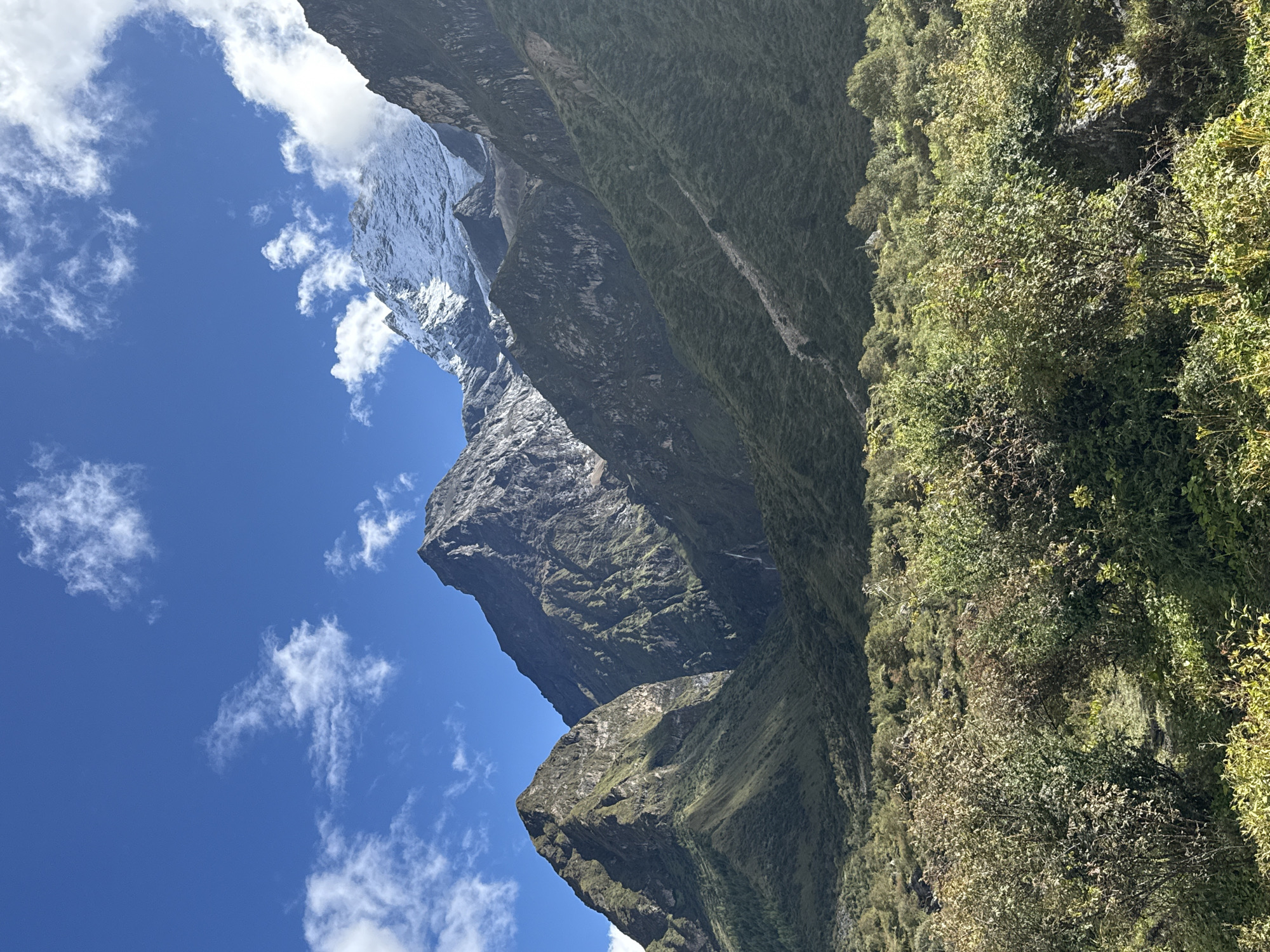 The image depicts a majestic mountain landscape under a bright blue sky dotted with white clouds. In the foreground, a dense area of lush green and brown vegetation, composed of bushes and trees, covers the lower portion of the frame. The middle ground is dominated by steep, verdant mountain slopes, showing patches of rocky terrain and dense foliage. A narrow path or dry stream bed cuts diagonally down one of the slopes. In the background, towering, rugged mountains rise sharply. The highest peaks are snow-capped, indicating a significant altitude. The overall scene is natural and serene, likely taken in a remote, mountainous region. This specific landscape is indicative of the scenery found in the vicinity of Samagaon, Nepal, a village located in the Gorkha District, known for its proximity to the Manaslu mountain range and its role as a gateway to the Manaslu Circuit trek.
