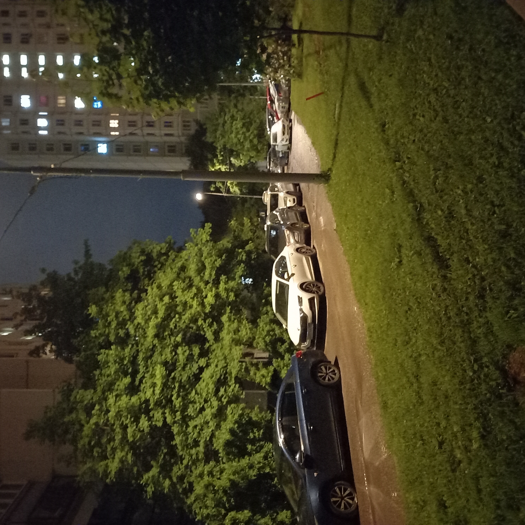 The image depicts a Moscow street at night. Several cars are parked along the sidewalk. A multi-story building is visible in the background, its windows illuminated. Lush green trees line the street, obscuring parts of the building and the sky. A lamppost stands at the edge of the sidewalk. The street is likely wet, reflecting light. There are no people visible in the image.