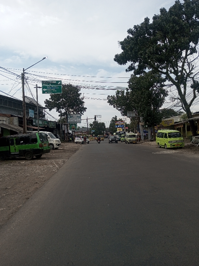 The image presents a street scene in Chhenangri_Rishor, Bhutan, captured on an overcast day. A two-lane asphalt road extends from the foreground into the distance, with unpaved shoulders flanking both sides.
On the left side, a dirt shoulder features a dark green van and a white van parked near the curb. Behind them, a series of low-rise buildings with various architectural styles and visible power lines define the street edge. A tall utility pole with multiple cross-arms and numerous bundled wires stands prominently, supporting a green directional sign with white, non-English text, including references to "AKADEMIK" and "HOTEL." A white sedan is also partially visible further down the street on this side.
On the right side, a bright green van is parked on an unpaved area. Further along, a white building bears a sign with blue lettering reading "TOKO MANDIRI." Large, mature trees with dense green foliage line this side of the road, partially obscuring buildings behind them.
The road itself shows moderate vehicle traffic in the mid-ground, including several small vans (some green, white, and yellow), cars, and motorcycles. Two individuals are visible riding a motorcycle away from the viewer. Other indistinct figures are present near vehicles and buildings throughout the scene. The overall environment is a commercial or mixed-use thoroughfare with overhead utility infrastructure.