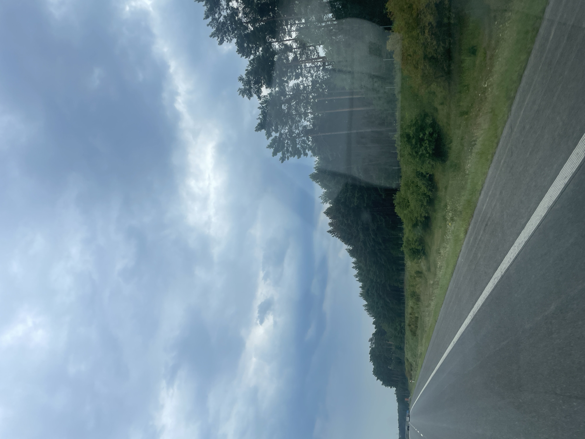 The image shows a view from a vehicle on a highway, likely traveling through or near Torzym, Poland. The highway is paved, with a white line marking the lane. To the right of the highway, there is a grassy embankment lined with trees, primarily pine trees, forming a dense forest. The sky is overcast with dramatic, textured clouds, and there are some sun rays piercing through. A few cars are visible in the distance on the highway. The scene depicts a natural, somewhat moody landscape from a moving vehicle's perspective.