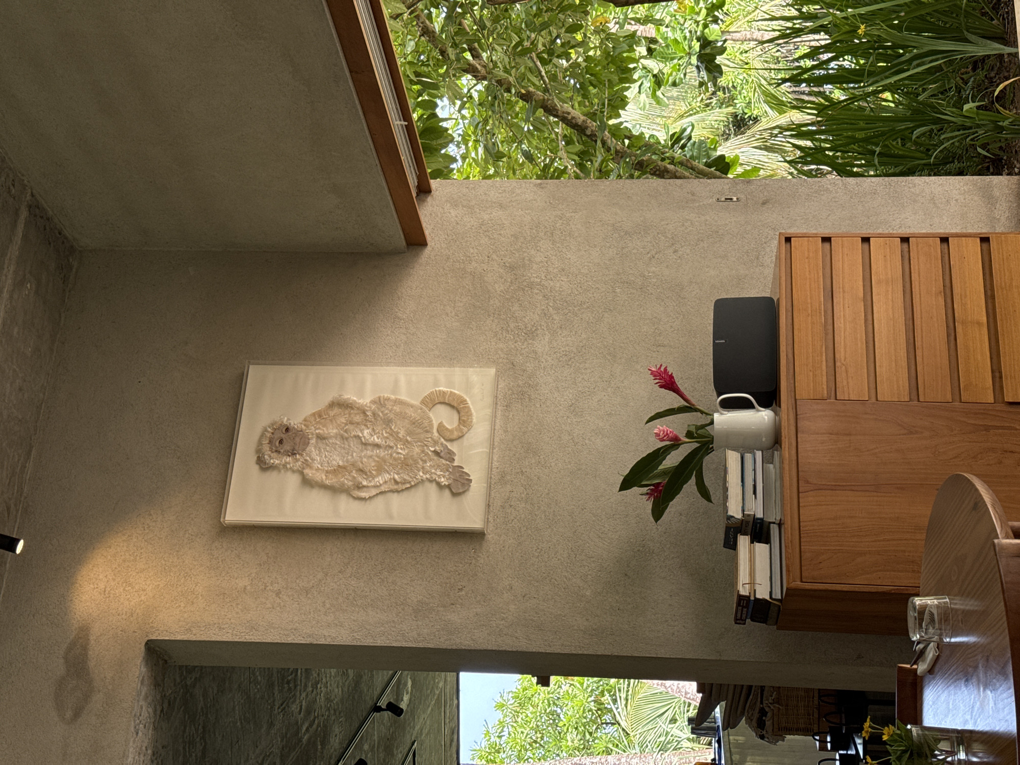 This image depicts an interior scene at a cafe in Kathaluwa, Sri Lanka. A wooden cabinet with drawers is positioned against a textured grey wall. On top of the cabinet, a stack of books is topped with a white vase containing pink flowers. To the right of the vase, a black Sonos speaker is placed. Above the cabinet, a framed artwork of a monkey is displayed on the wall. To the left, a glimpse of a circular wooden table with a glass and cutlery is visible. The scene is illuminated by natural light filtering in from an open doorway or window on the right, which reveals lush green foliage and trees outside. A spotlight on the ceiling casts a shadow on the wall.
