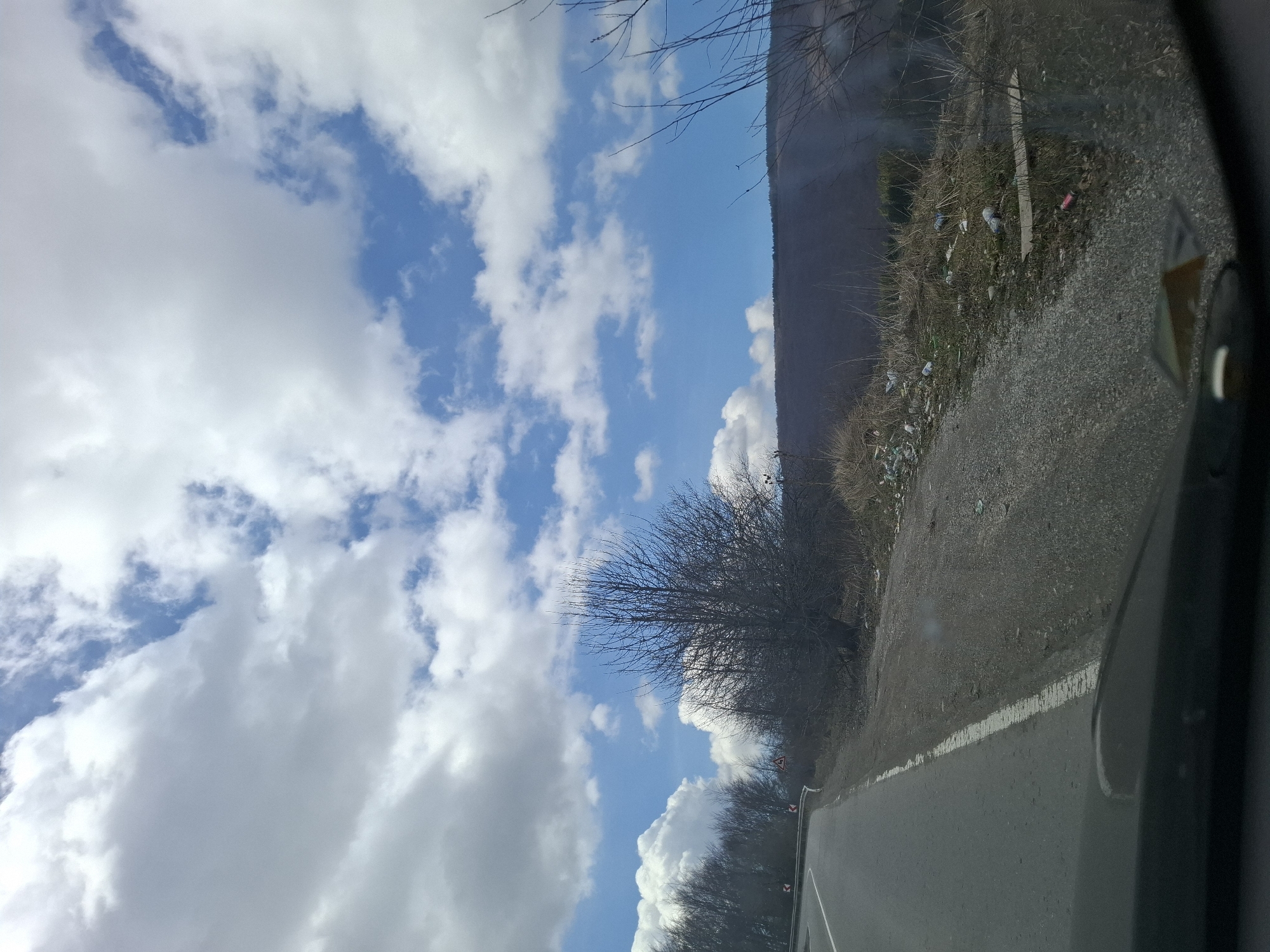 The image shows a road view from inside a vehicle in Gintsi, Bulgaria. A cloudy blue sky is visible to the left. To the right of the road is a grassy embankment, with litter scattered along it. A treeline extends into the distance. A portion of the vehicle's interior is visible in the lower-right corner.